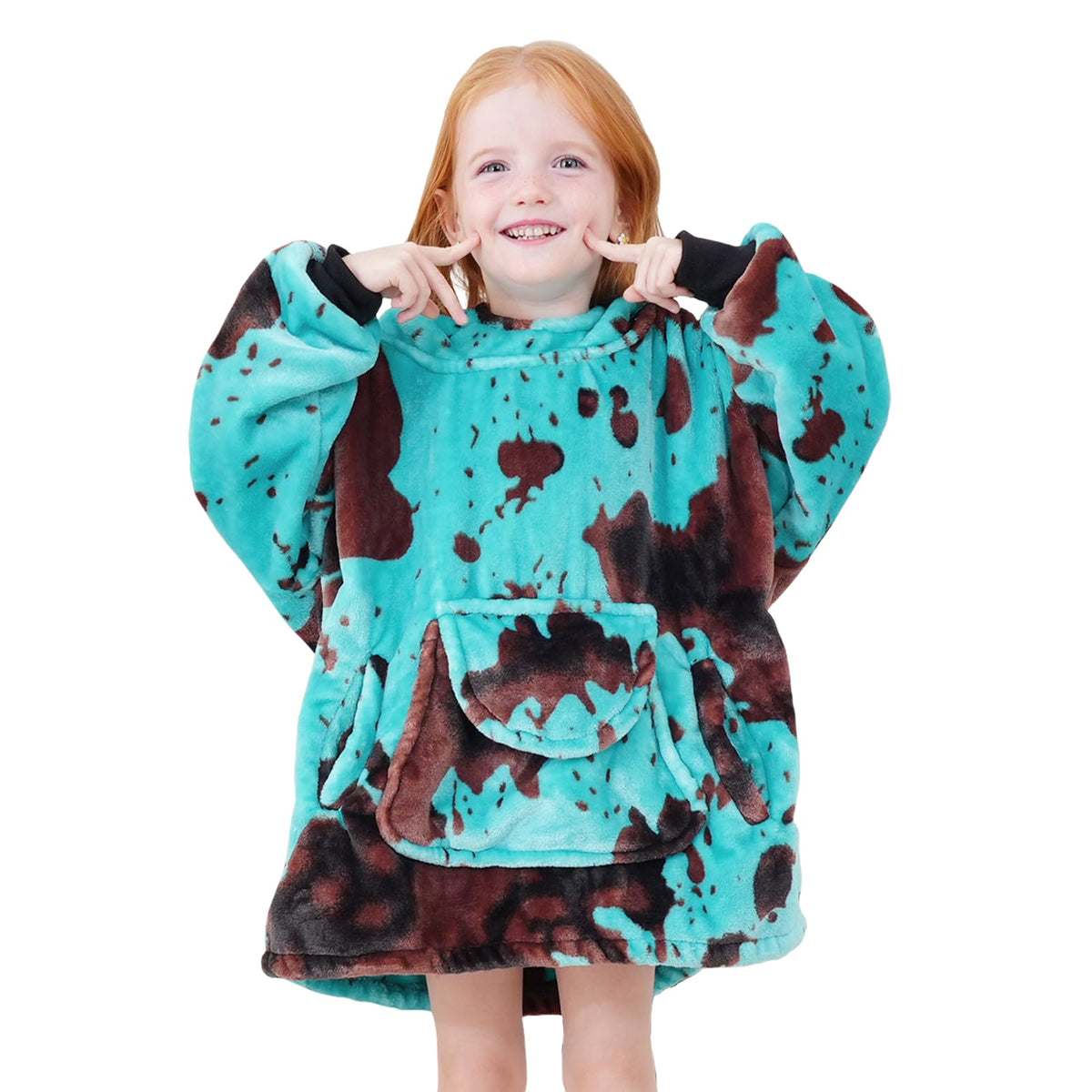 Kivee Cute Wearable Blanket Hoodie Kids Toddlers Blue Cow Print Sweatshirt Blanket With Giant Pocket Warm Cozy Cow Hooded Blanke