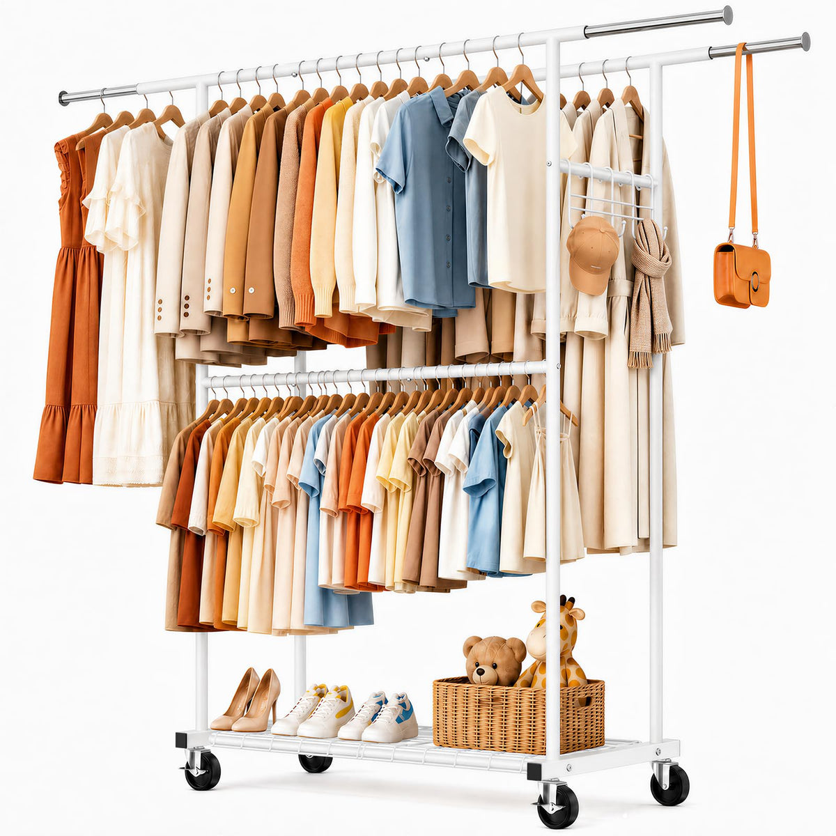 ZHKINGGS Heavy Duty Clothes Rack Load 550LBS, Rolling Clothing Rack, White