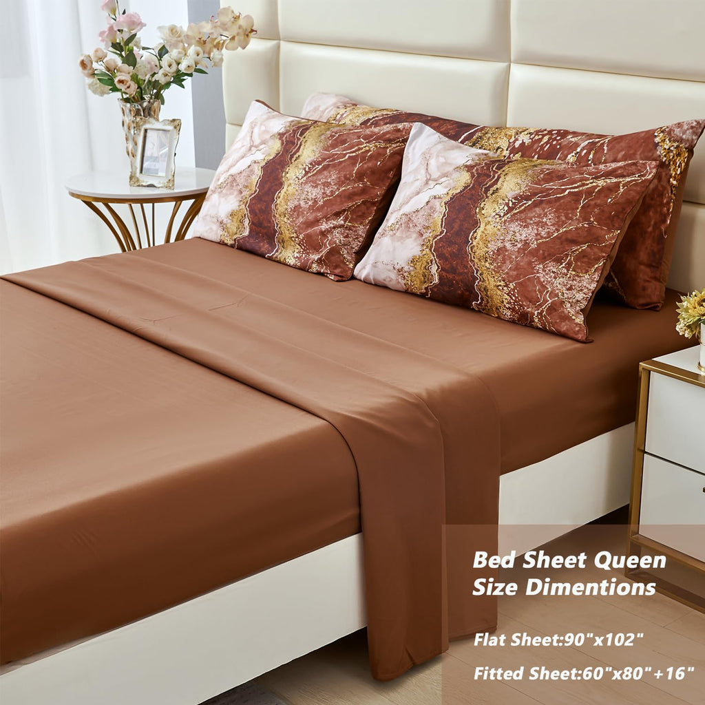 Perfemet 6 Pcs Marble Comforter Set Queen Coffee Brown Watercolor Marble Printed Quilt Complete Set Luxury Retro Artwork Style B