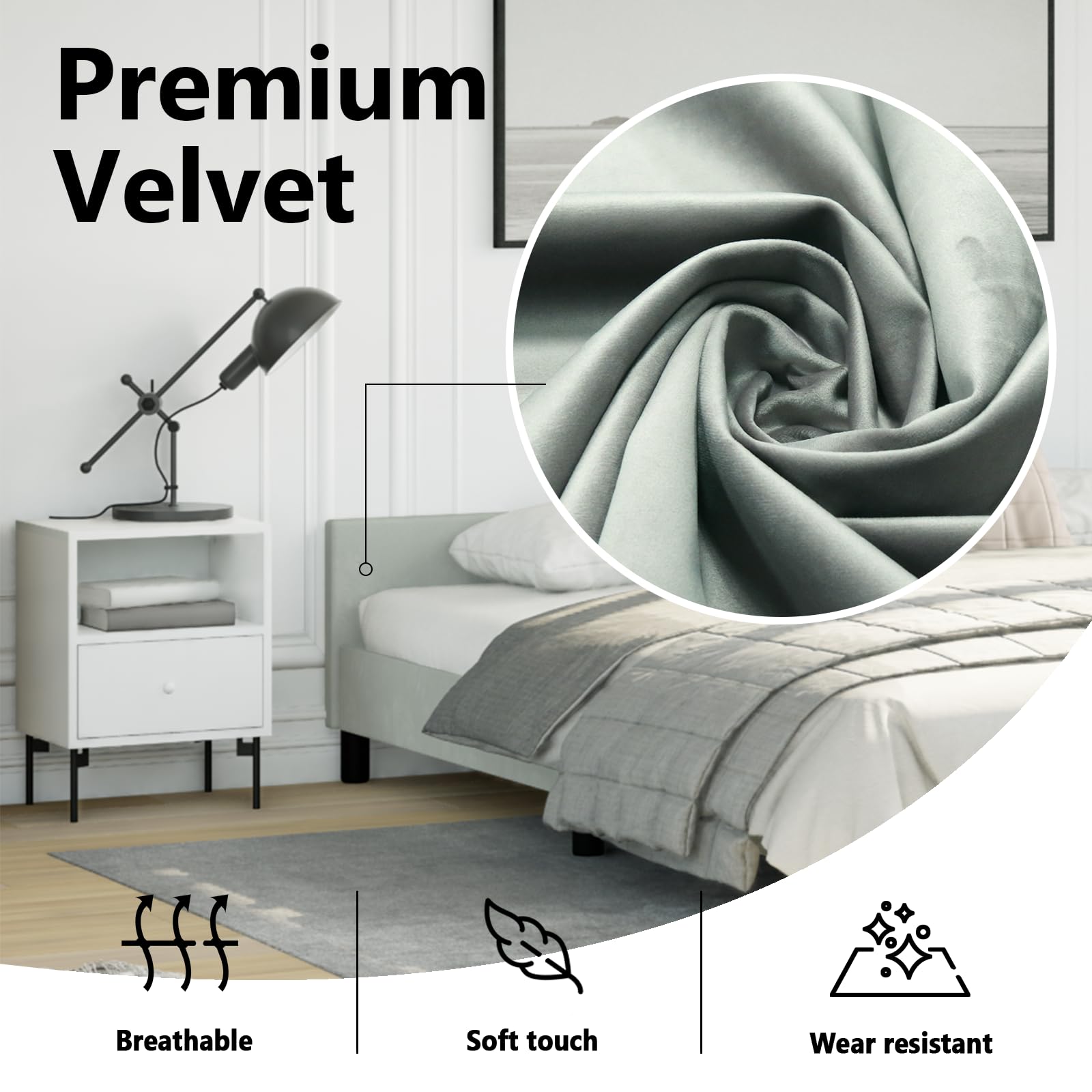 vidaXL Velvet Bed Frame Platform Bed, Scandinavian Style/Slats Support/No Box Spring Needed/Without Mattress/Easy Assembly, Light Grey California King Bed