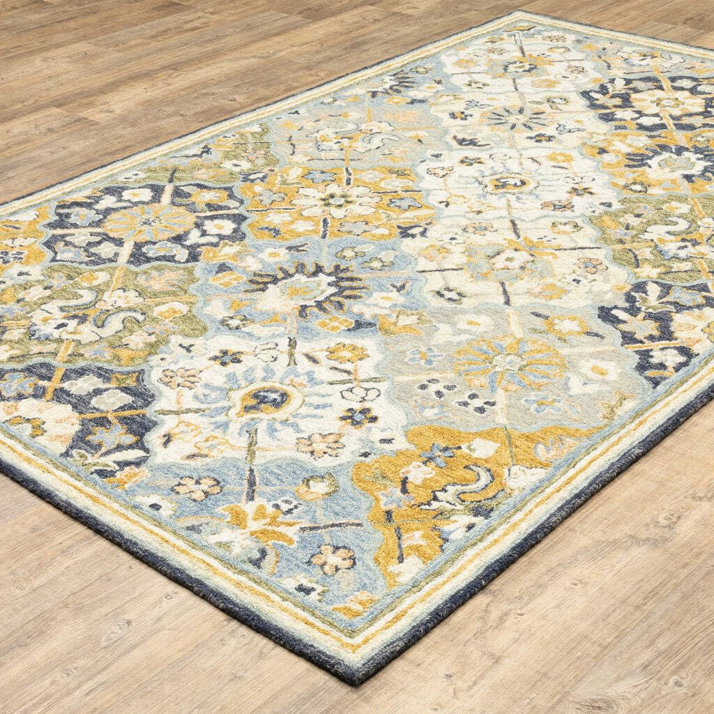 HomeRoots 508094 10 x 13 ft. Blue Green Gold Navy & Ivory Geometric Hand Tufted Handmade Stain Resistant Rectangle Area Rug