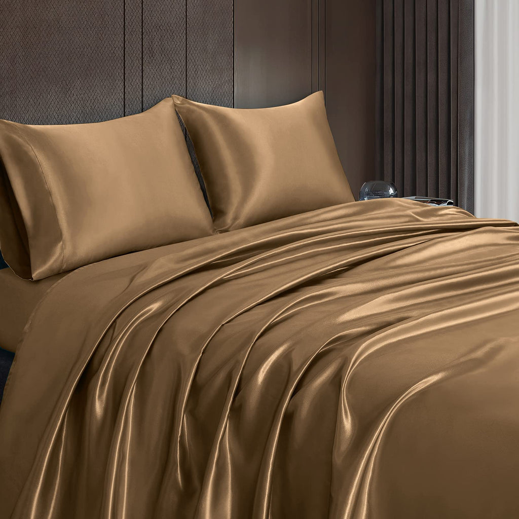 Homiest 4Pcs Satin Sheets Set Luxury Silky Satin Bedding Set With Deep Pocket, 1 Fitted Sheet + 1 Flat Sheet + 2 Pillowcases (King Size, Camel Brown)