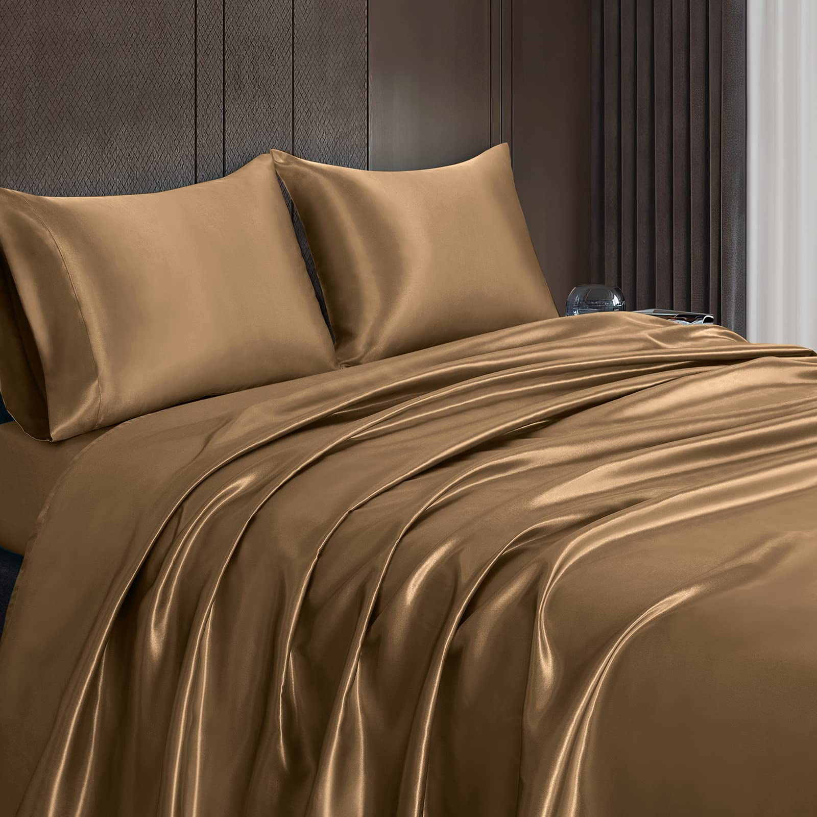 Homiest 4Pcs Satin Sheets Set Luxury Silky Satin Bedding Set With Deep Pocket, 1 Fitted Sheet + 1 Flat Sheet + 2 Pillowcases (King Size, Camel Brown)
