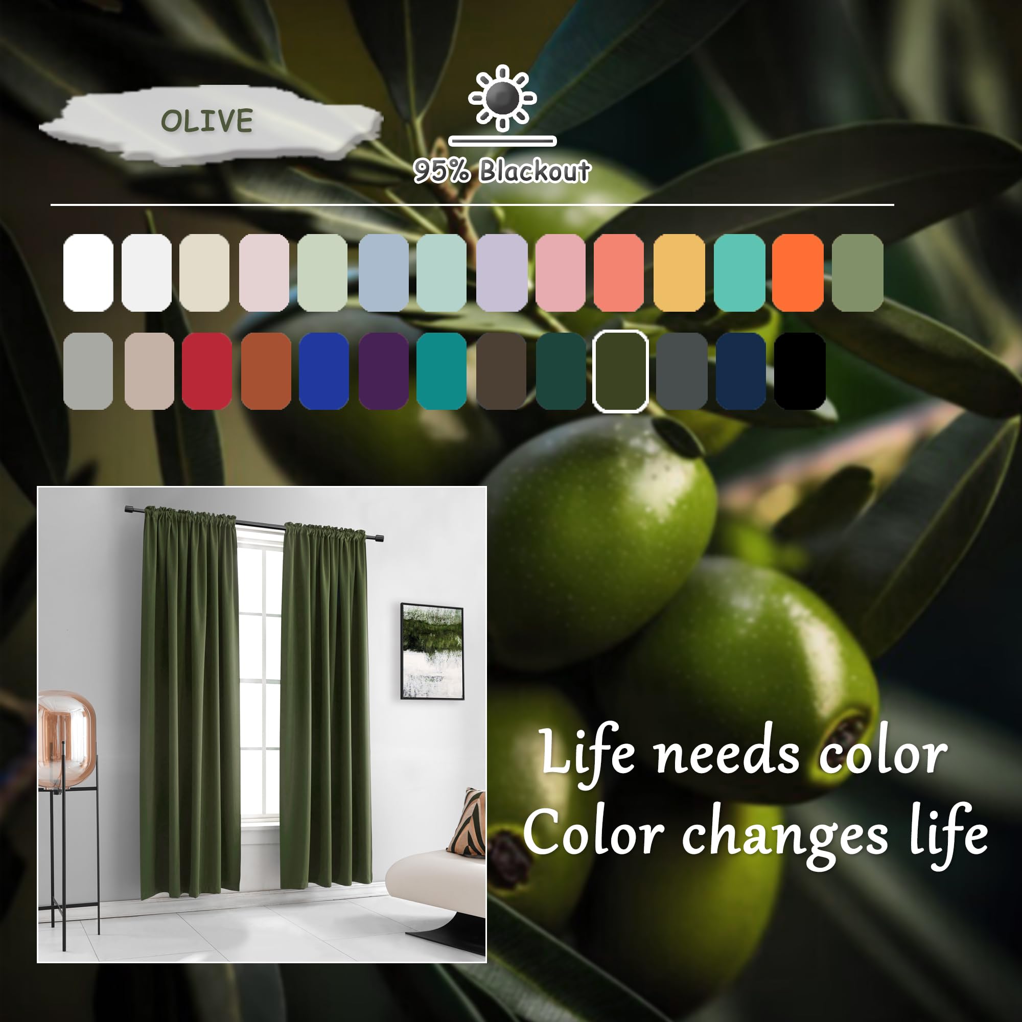 Loden/Dark Olive Green Blackout Curtains 52 Inch With By90 Inch Length For Bedroom - 2 Panels Patio Glass Door Curtain Panels,Livingroom Room Darkening Thermal Insulated Drapes