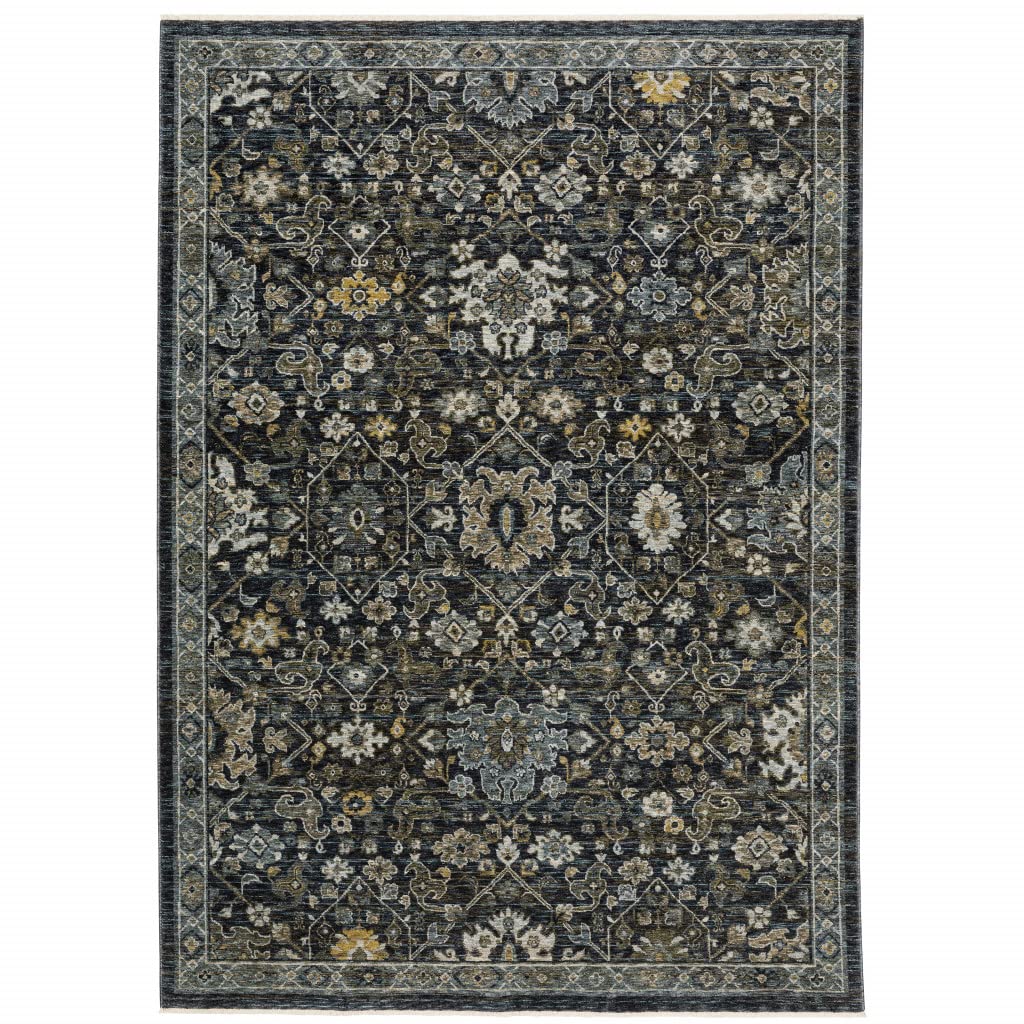 HomeRoots 508001 8 x 11 ft. Blue Ivory Gray Gold Green & Brown Oriental Power Loom Stain Resistant Rectangle Area Rug with Fringe