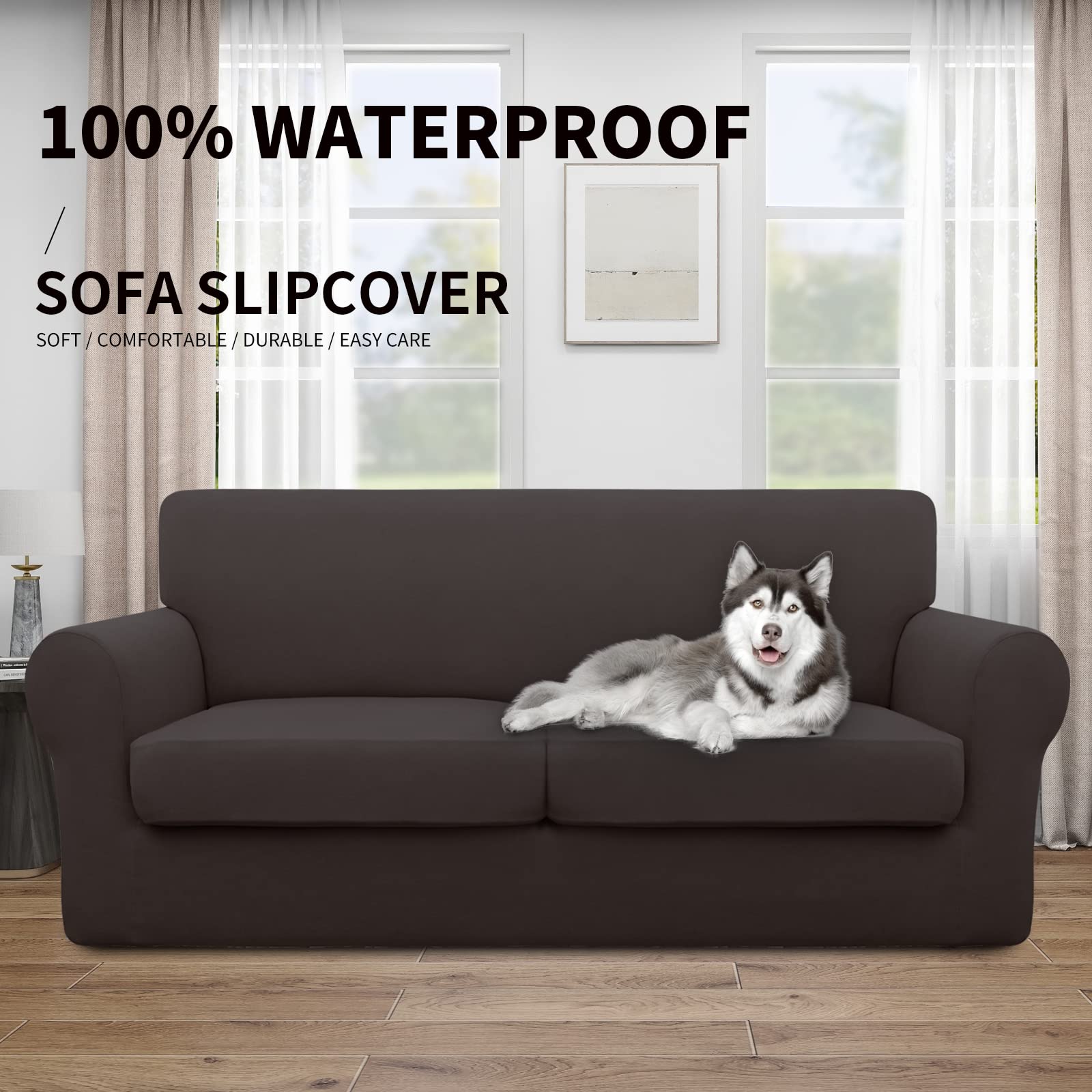 Easy-Going 100% Dual Waterproof Oversized Loveseat Cover Stretch Soft Couch Cover For Dogs, Sofa Slipcover For 2 Separate Cushion Couch Leakproof Furniture Protector For Kids, Pets Chocolate