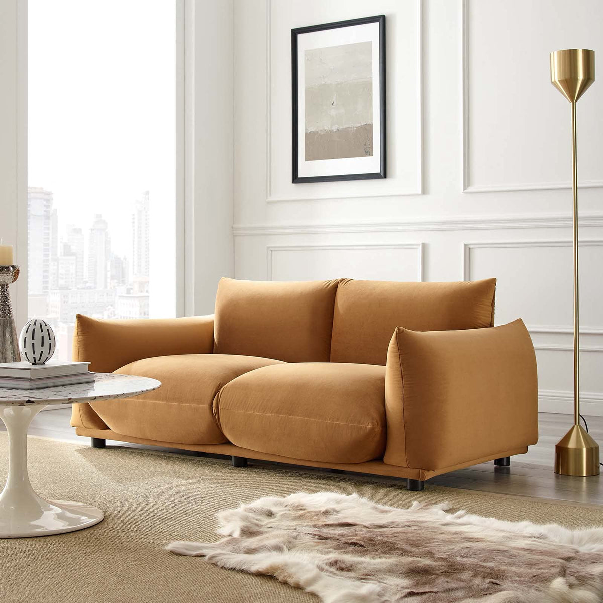 Copious Performance Velvet Loveseat in Cognac