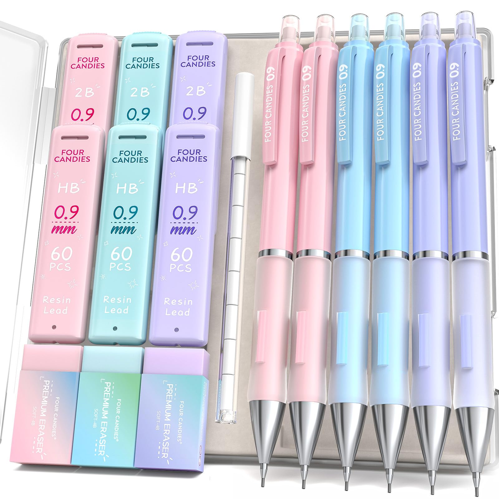 Four Candies 0.9Mm Mechanical Pencil Set - 6Pcs Cute Pencils With 360Pcs Hb & 2B Lead Refills, 3Pcs Pastel Erasers And 9Pcs Eras