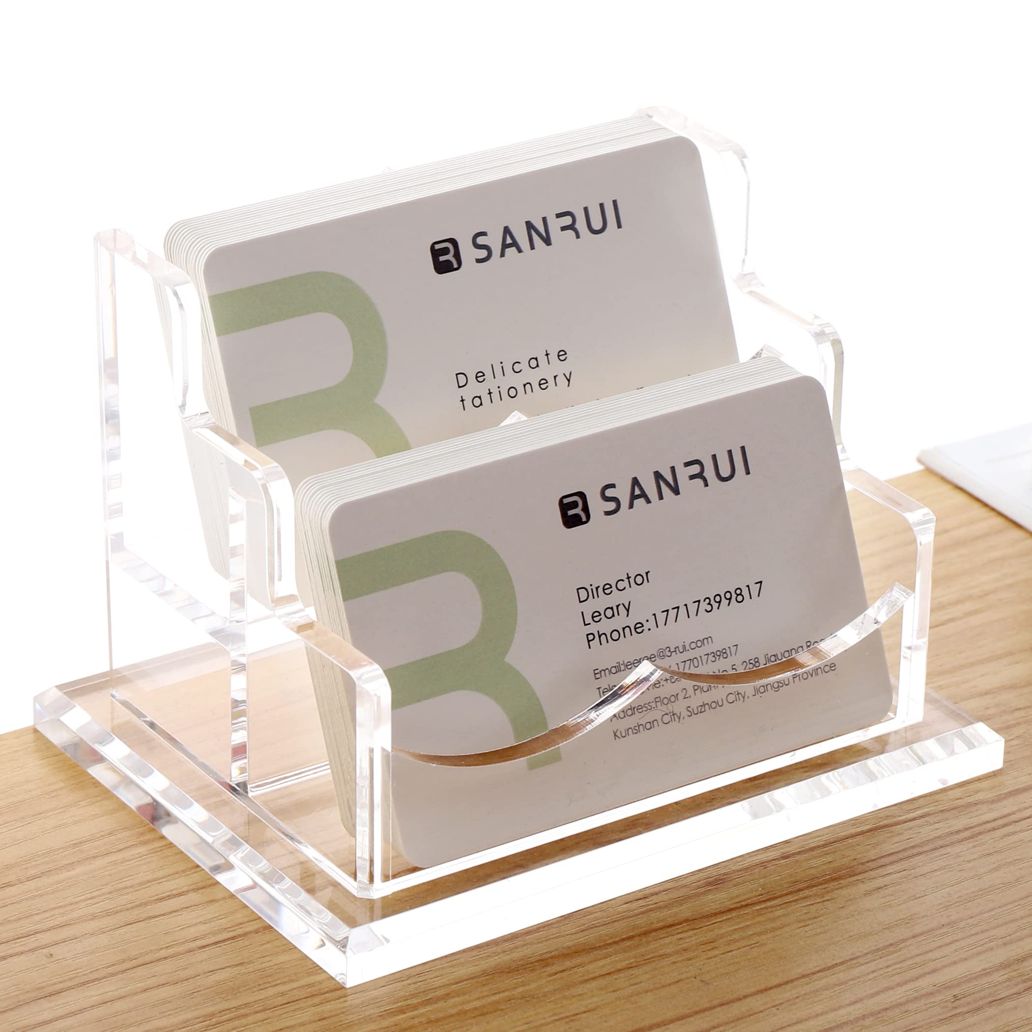 Yuxun Business Card Holder For Desk, Clear Acrylic Cards Organizer For Men And Women, 2 Tier Business Cards Display Stand (2 Slo