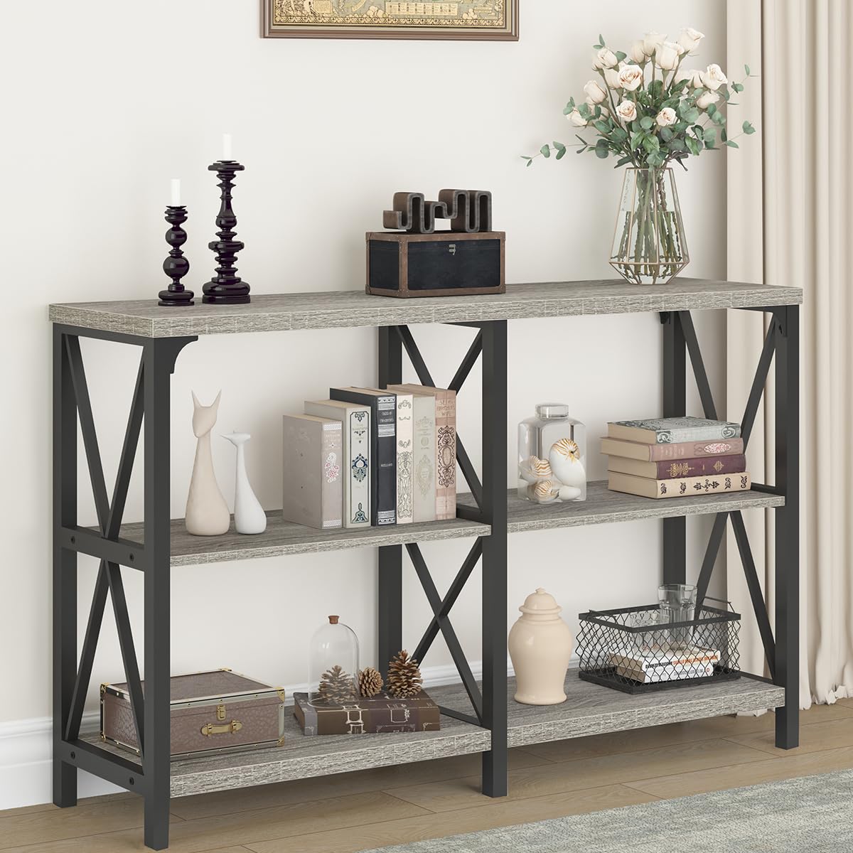 Ibf Farmhouse Rustic Sofa Table, Modern Metal Wood 3 Tier Entryway Table, Industrial Console Table With Storage Shelves, Foyer Hallway Couch Table Behind Sofa For Living Room Bedroom, Grey Oak, 47 In