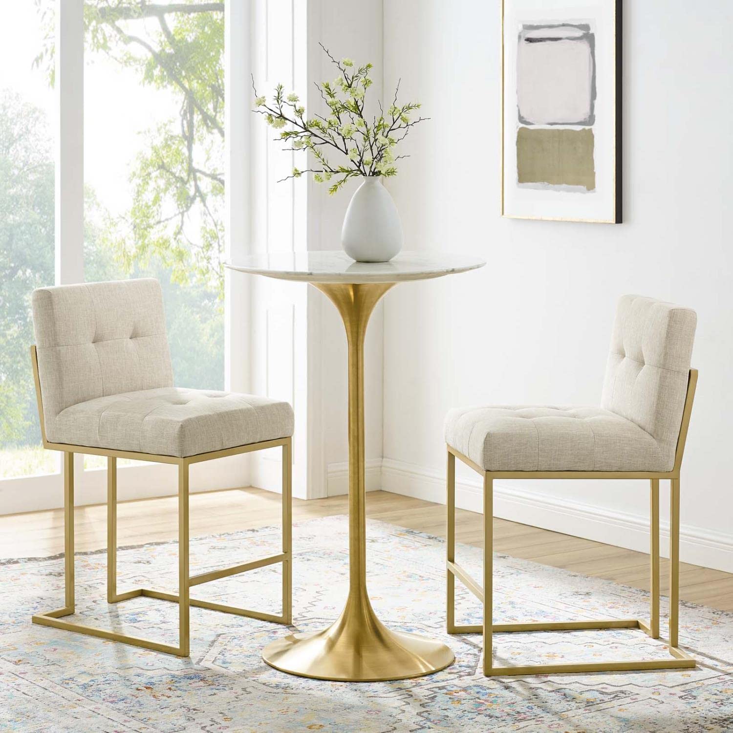 Modway EEI-5571-GLD-BEI Privy Counter Stool Upholstered Fabric Set of 2, Gold Beige