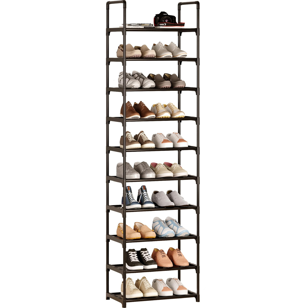 Hockmez 10-Tier Tall Shoe Rack, Adjustable 20-25 Pairs Shoe Shelf Storage Organizer For Entryway Hallway Closet Bathroom Living Room (Black)