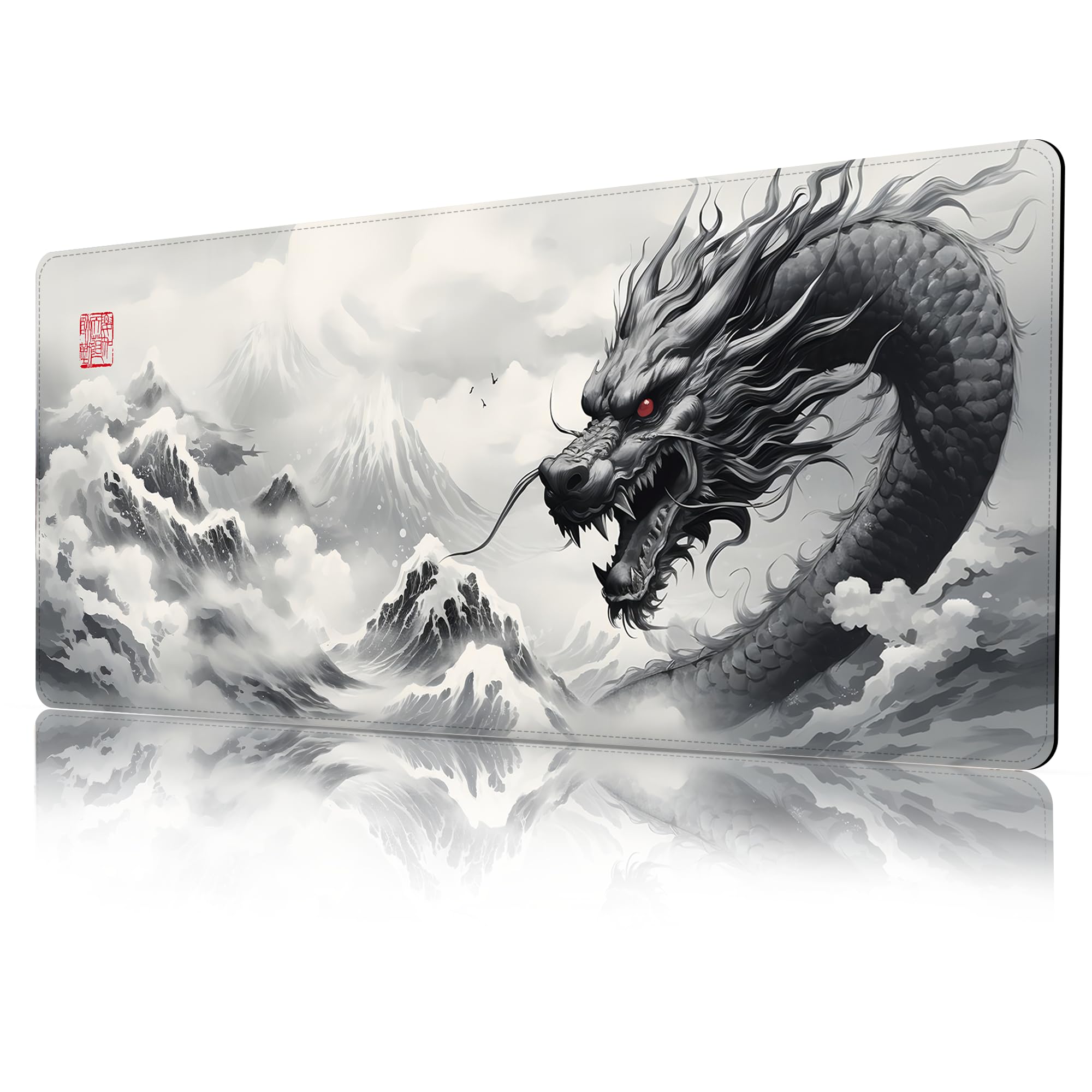 Probtis Black And White Dragon Mouse Pad, Large Japanese Desk Mat, Xxl Anime Gaming Keyboard Mat, Oriental Decor, Big Extended D