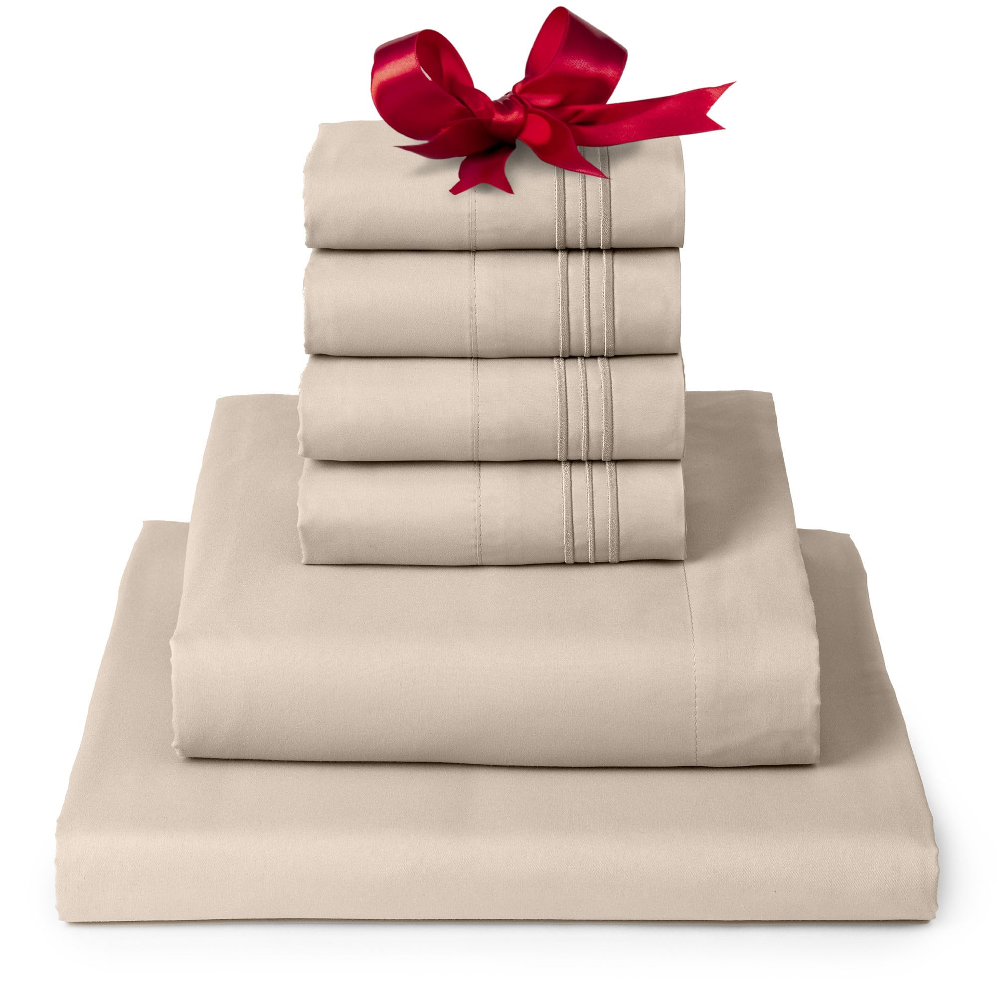 Mellanni Full Sheet Set - 6-Piece Iconic Collection Bedding, (Including 4 Pillowcases), 16-Inch Deep Pocket, Easy Care, Extra Soft, Cooling Sheets, Brushed Microfiber - Beige