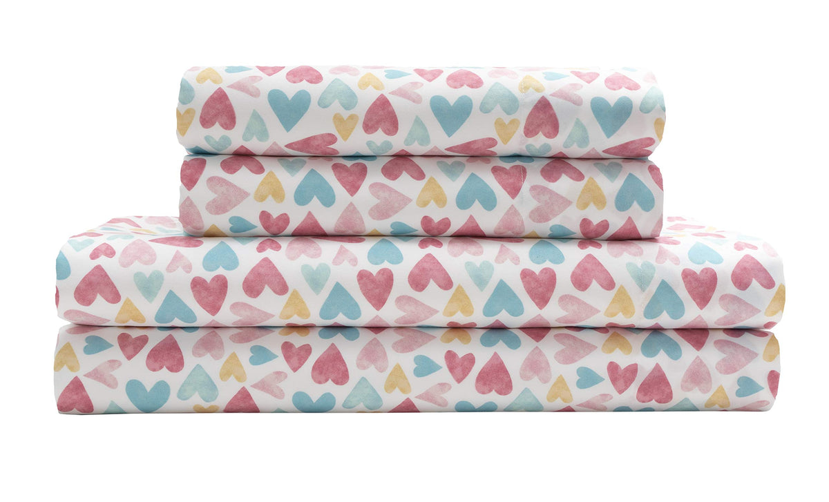 Mallary By Matthew Kids Super Soft-Soft 100% Microfiber Print Sheet, Watercolor Hearts Print, Full