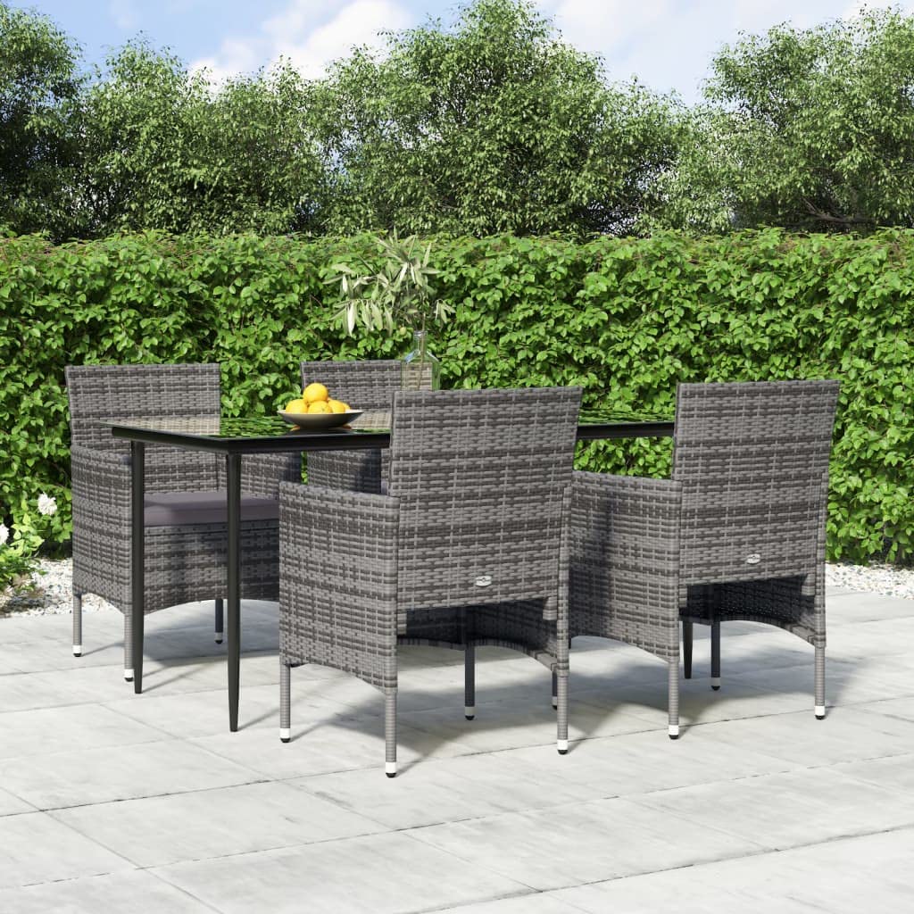 vidaXL 5-Piece Patio Dining Set with Cushions - Weather-Resistant PE Rattan Material, Steel Frame, Tempered Glass Tabletop, Comfortable Arm Chairs- Gray and Black