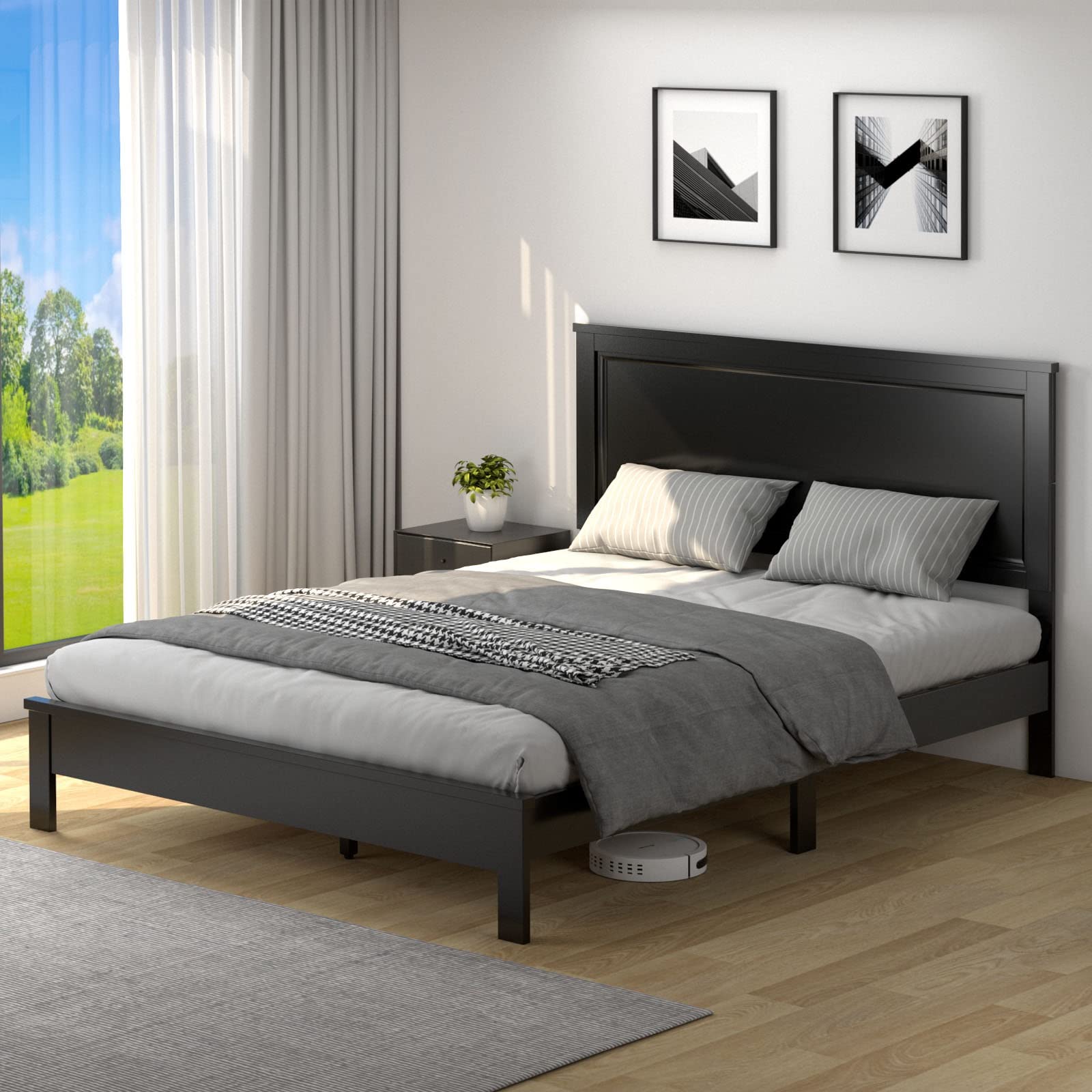 Komfott Queen Size Wood Platform Bed Frame With Headboard, Wooden Mid Century Platform Bed With Slat Support & Under Bed Storage, Mattress Foundation Bed Base, No Box Spring Needed, Black