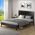 Komfott Queen Size Wood Platform Bed Frame With Headboard, Wooden Mid Century Platform Bed With Slat Support & Under Bed Storage, Mattress Foundation Bed Base, No Box Spring Needed, Black