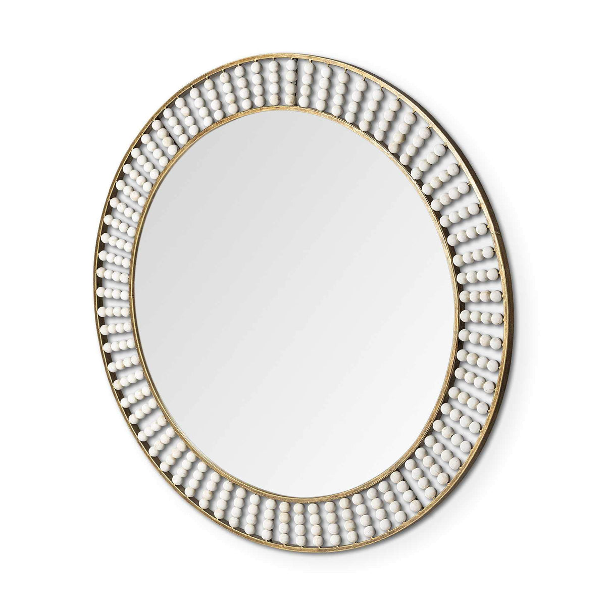 HomeRoots White and Gold 42' Round Gold Metal Frame Wall Mirror with White Wood Beads