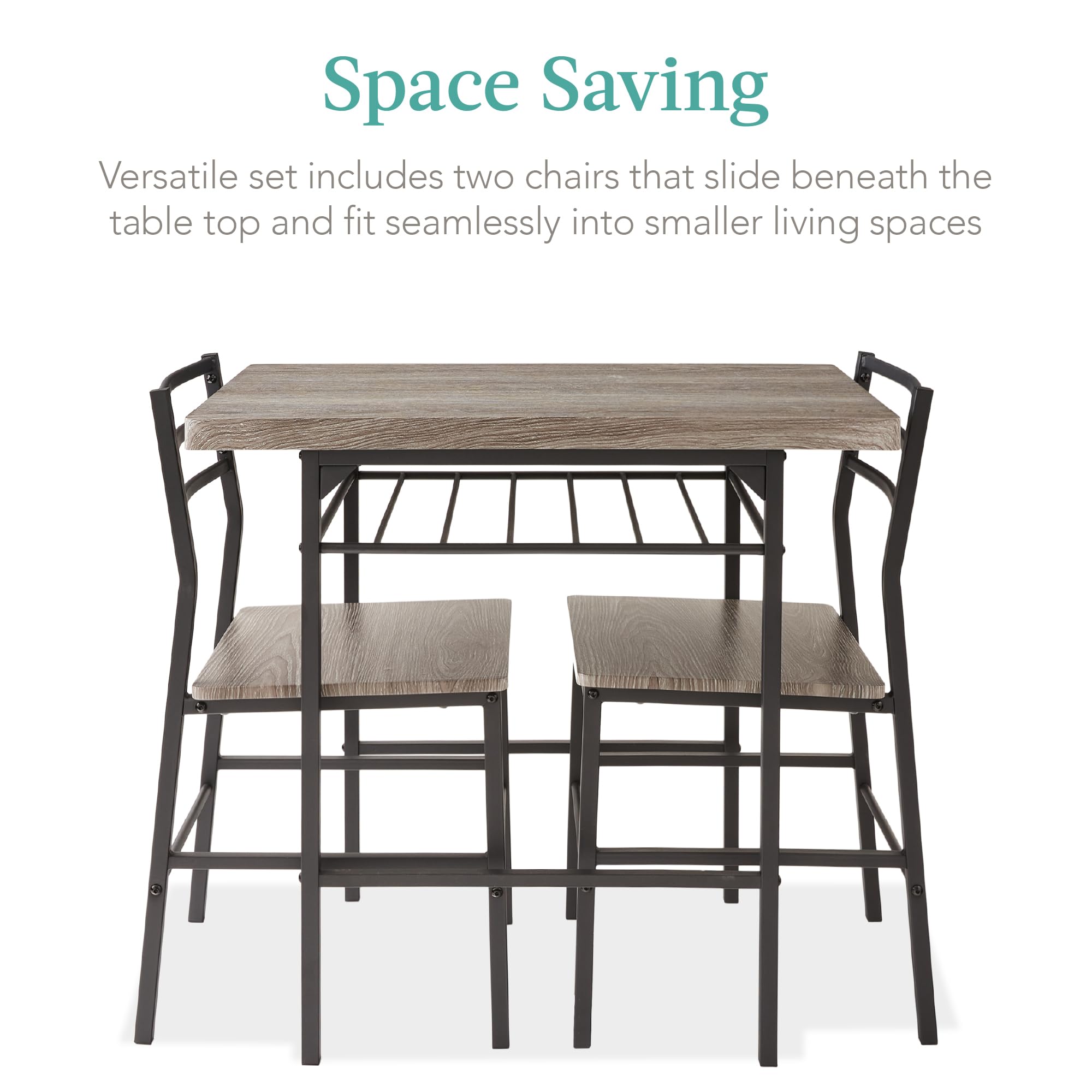Best Choice Products 3-Piece Modern Dining Set, Space Saving Dinette For Kitchen, Dining Room, Small Space W/Steel Frame, Built-In Storage Rack - Gray