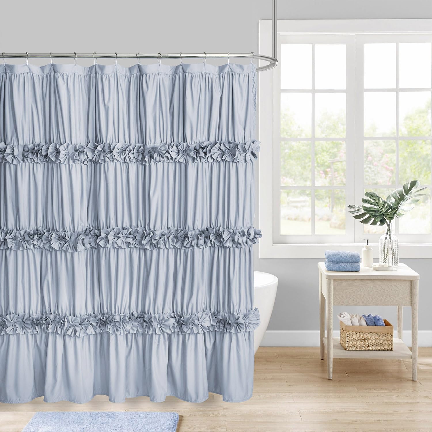 Homechoice Decor Fog Blue Ruffle Shower Curtain, Vintage Handcrafted Bow Tie Bath Curtain For Master Bathroom, Ruched Microfiber
