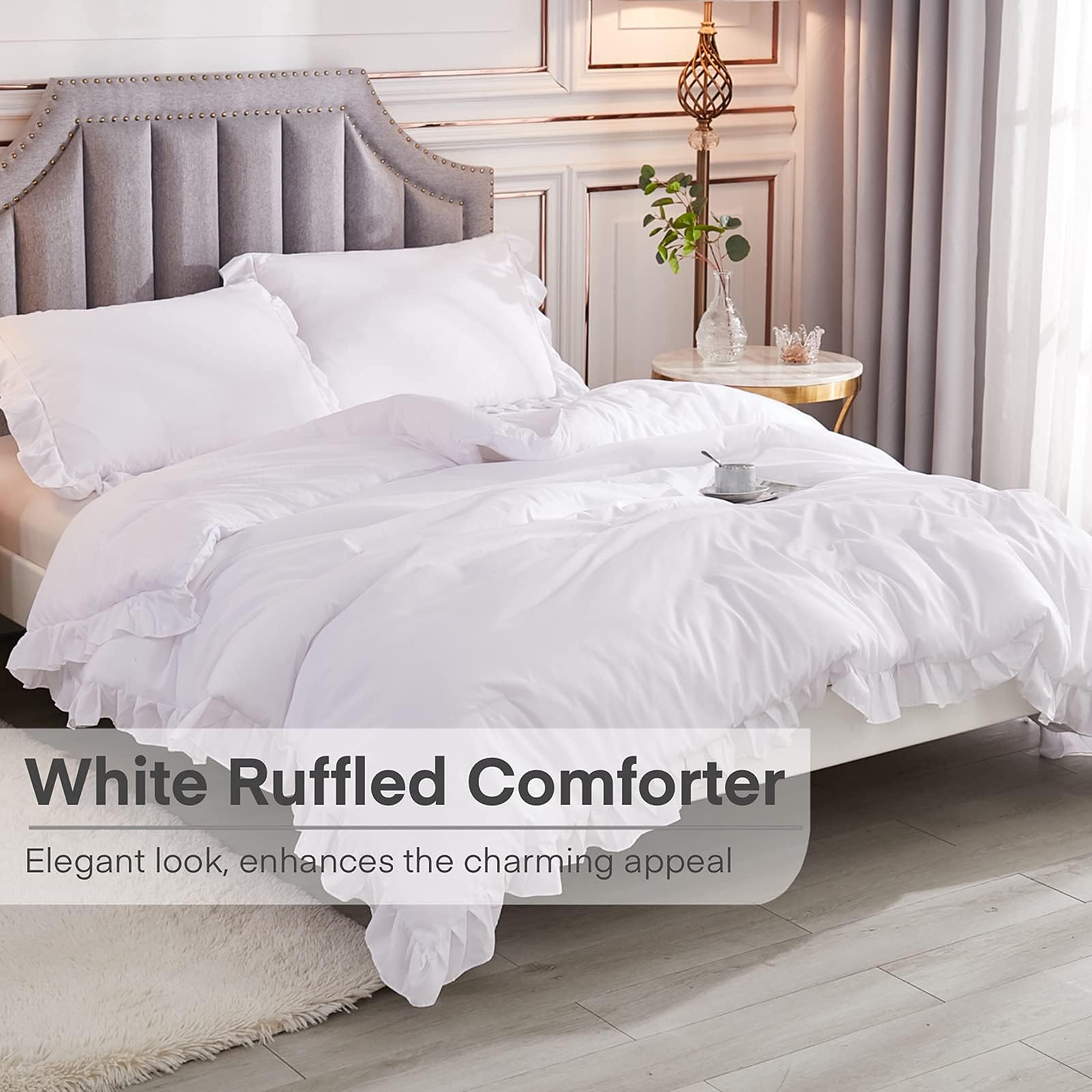 Andency White California King Comforter Set, 3 Pieces Shabby Chic Ruffle Solid Cal King Bedding Sets, Oversized All Season Soft Lightweight Down Alternative Bed Set For Adults Men Women