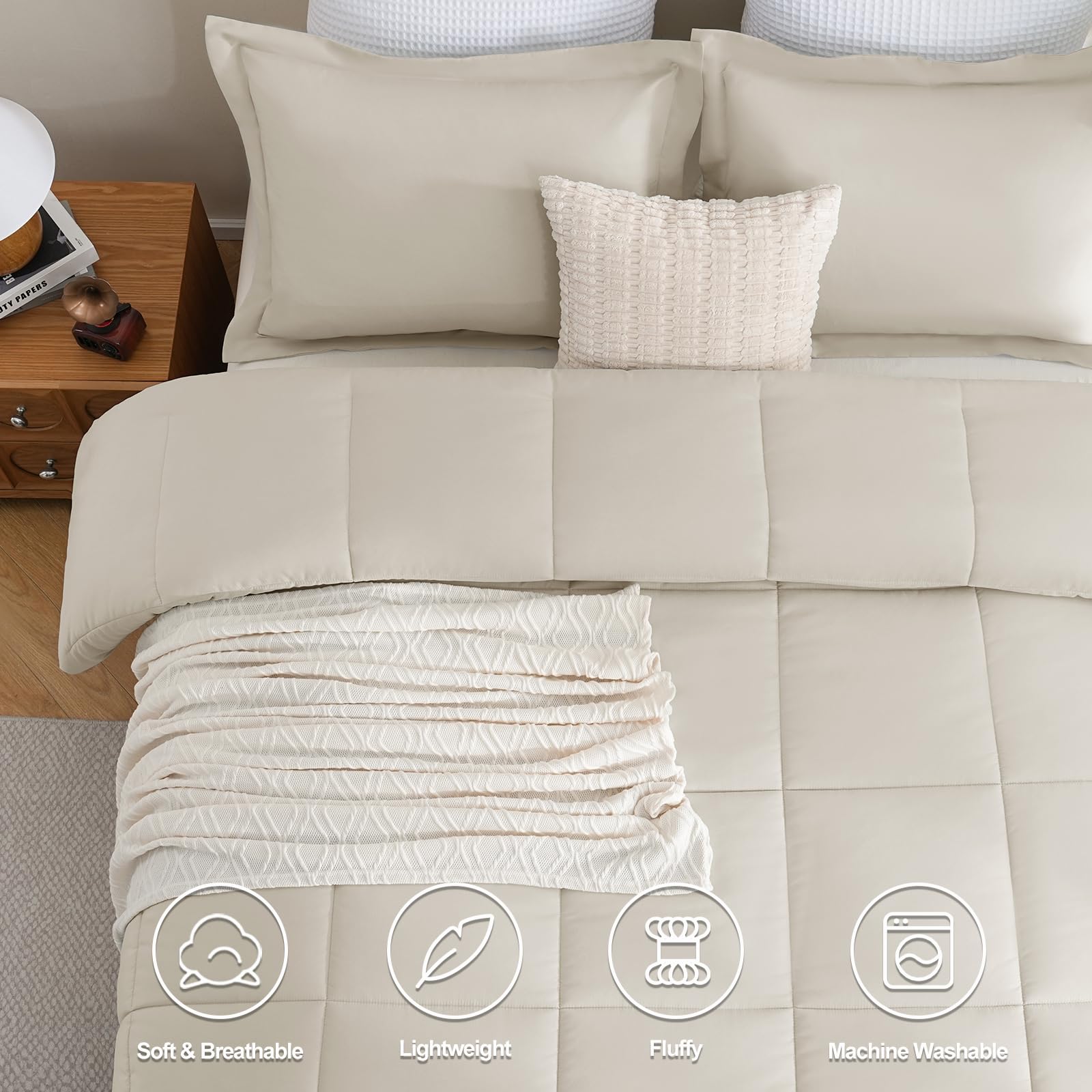 Cozylux King Size Comforter Set - Beige Comforter King Size, 3 Pieces Box Stitched Bed Set For All Seasons, Soft Lightweight Bedding Sets With 1 Down Alternative Comforter And 2 Pillow Shams