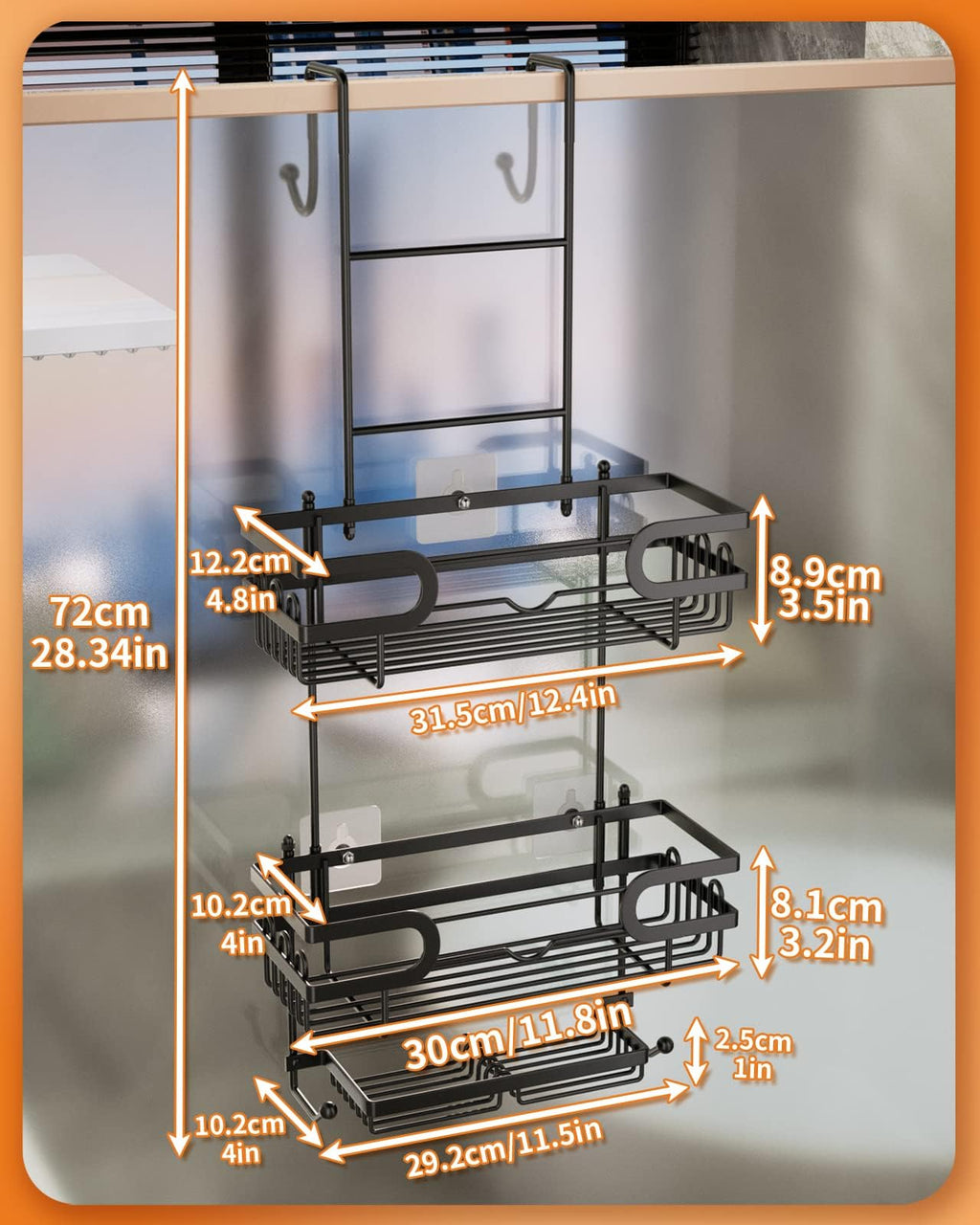 SWTYMIKI Over The Door Shower Caddy, Double Soap Holder, 16 Hooks, Black, No Drilling, Model ZWJ76