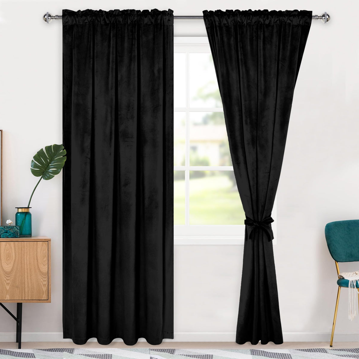 Hiasan Black Velvet Curtains 90 Inch Blackout Rod Pocket Thermal Insulated Soft Curtains Room Darkening Window Drapes With Tieba