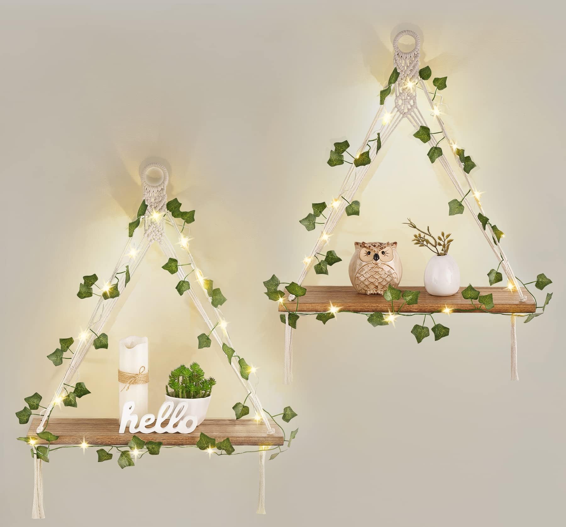 Mkono Artificial Ivy Macrame Hanging Shelves with Lights Set of 2 Boho Wall Decor Display Plants Photos Wood Floating Storage Sh
