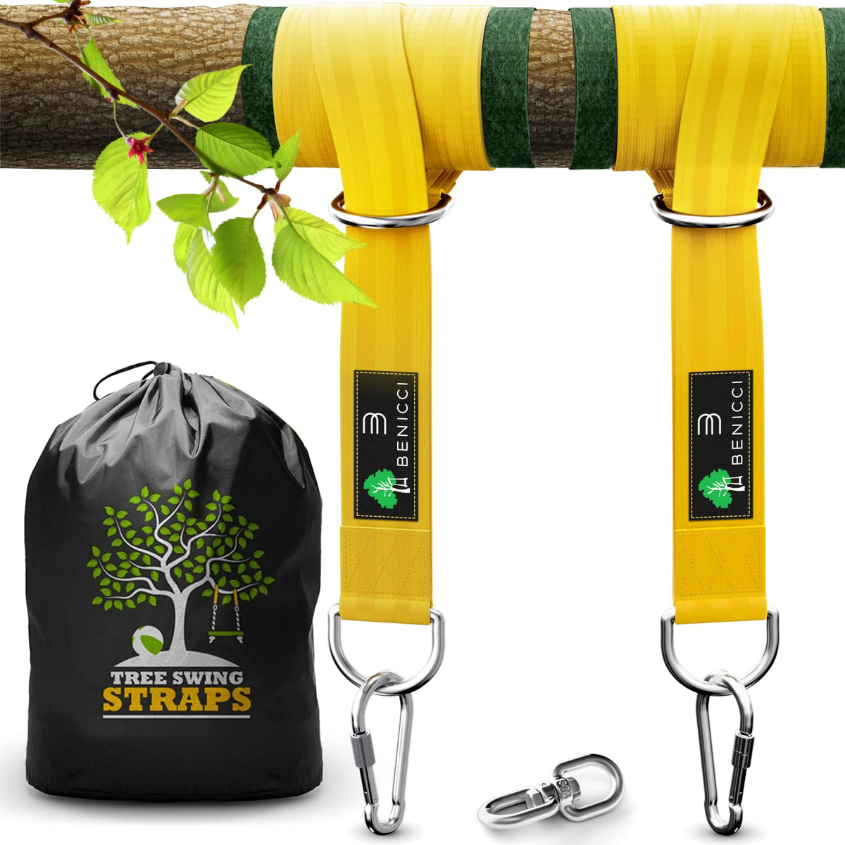 Benicci Safe Tree Swing Hanging Kit (Set Of 2) - 10Ft Long Straps With Two Alloy Carabiners And 2000 Lb Breaking Strength - Easy