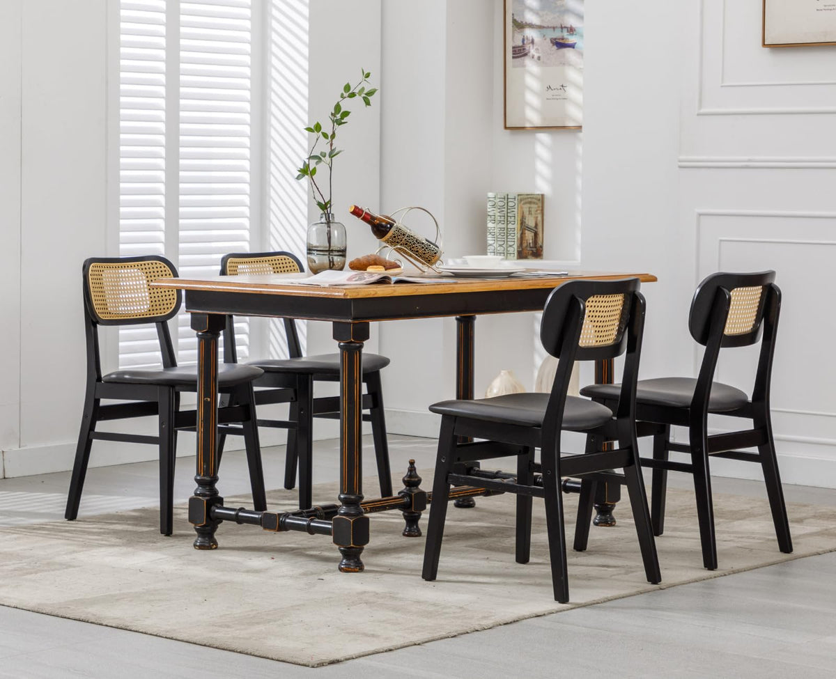 Shunzhi Rattan Dining Chairs Set Of 4 Black Pu Leather Dining Room Chairs With Cane Back Mid Century Modern Farmhouse Kitchen Ch