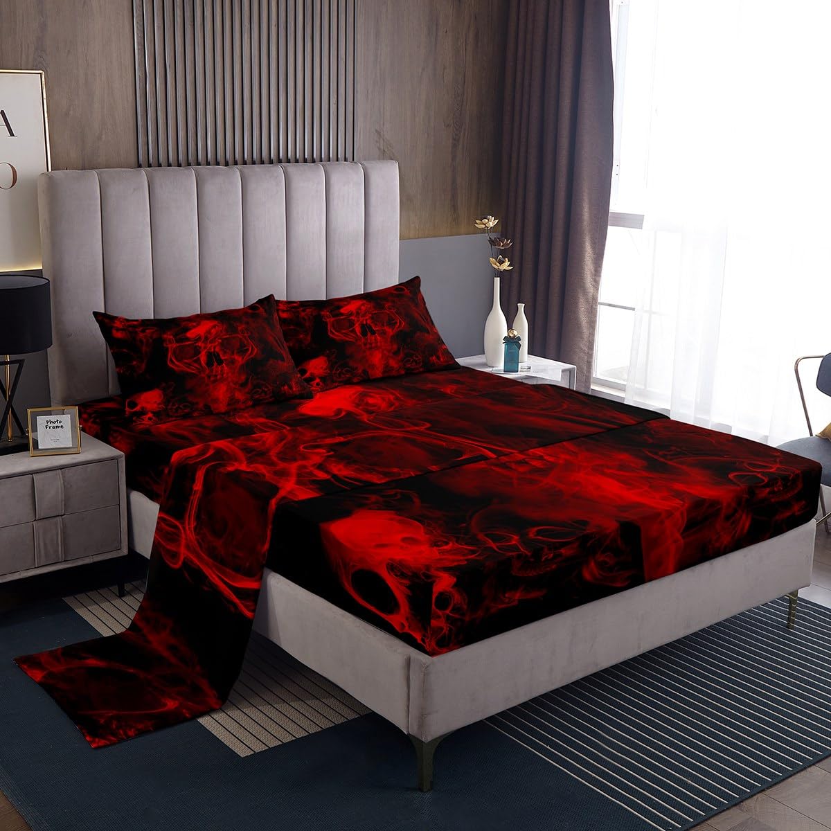 Gothic Skull Bed Sheets Red and Black Skeleton Sheet Set Queen For Boys Teens Men Women,Psychedelic Goth Skull Bedding Set Tripp