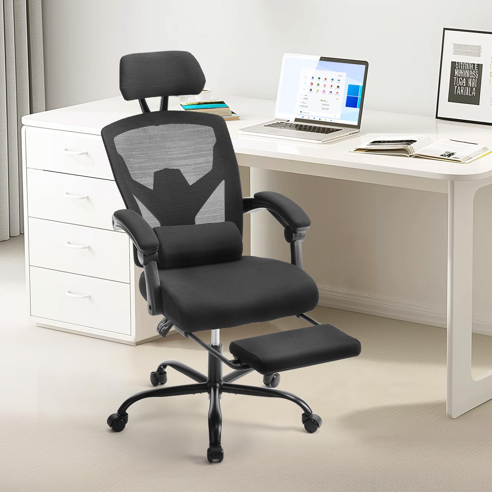 Sweetcrispy Office Computer Desk Chair, Ergonomic High-Back Mesh Rolling Work Swivel Chairs With Wheels, Comfortable Lumbar Support, Comfy Arms For Home, Bedroom, Study, Student, Black