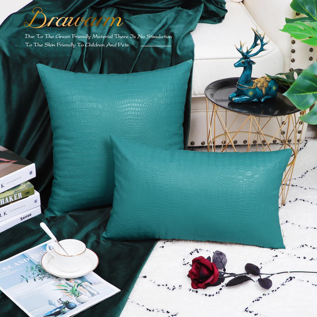 Brawarm Faux Leather Pillow Covers 20 X 20 Inches, Teal Leather Pillow Covers Pack Of 2, Crocodile Leather Decorative Throw Pill