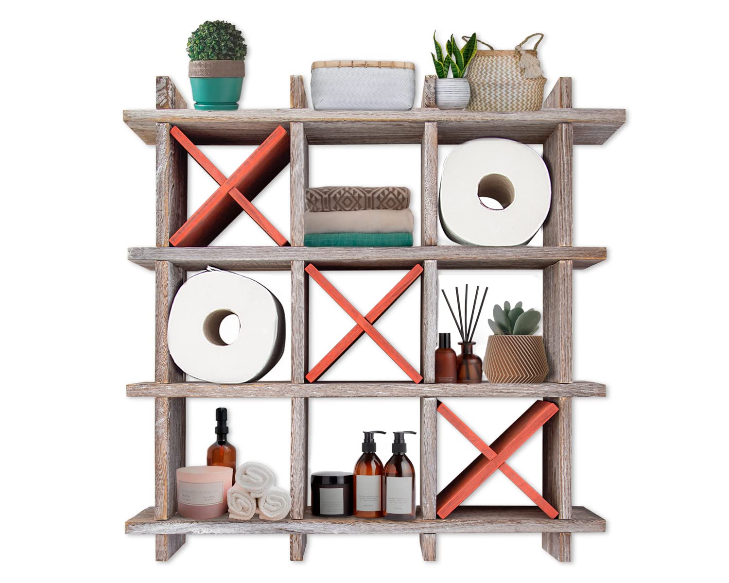Rustic Tic-Tac-Toe Toilet Paper Holder for Bathroom - Rustic Storage Shelves for Toilet Tissue in Distressed White Color - Frees