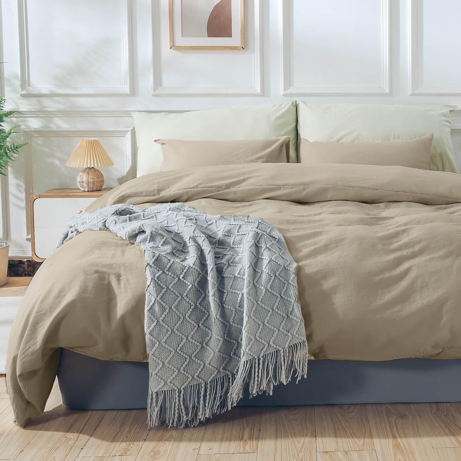 Nexhome Pro Duvet Cover Set 100% Washed Cotton Full Size Linen Feel Textured Organic Natural 3 Pieces Bedding Set With Zipper Closure And Corner Ties, Breathable And Soft (No Comforter)