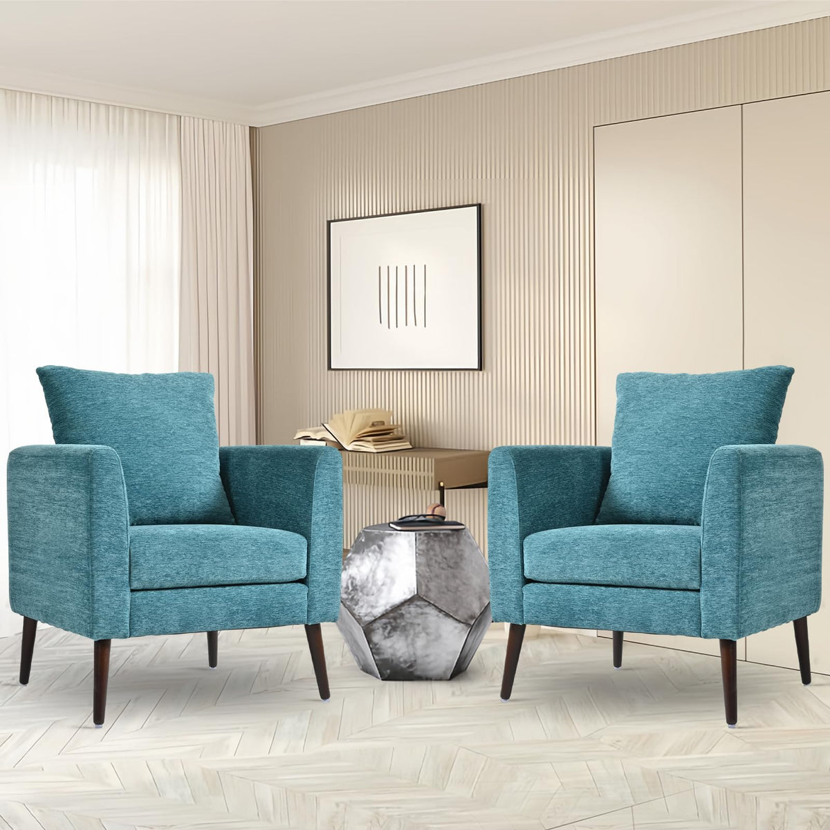 Cinkehome Accent Chair Set Of 2 For Living Room, Modern Upholstered Chenille Arm Chair, Large Pillow, Solid Wood Legs, Teal