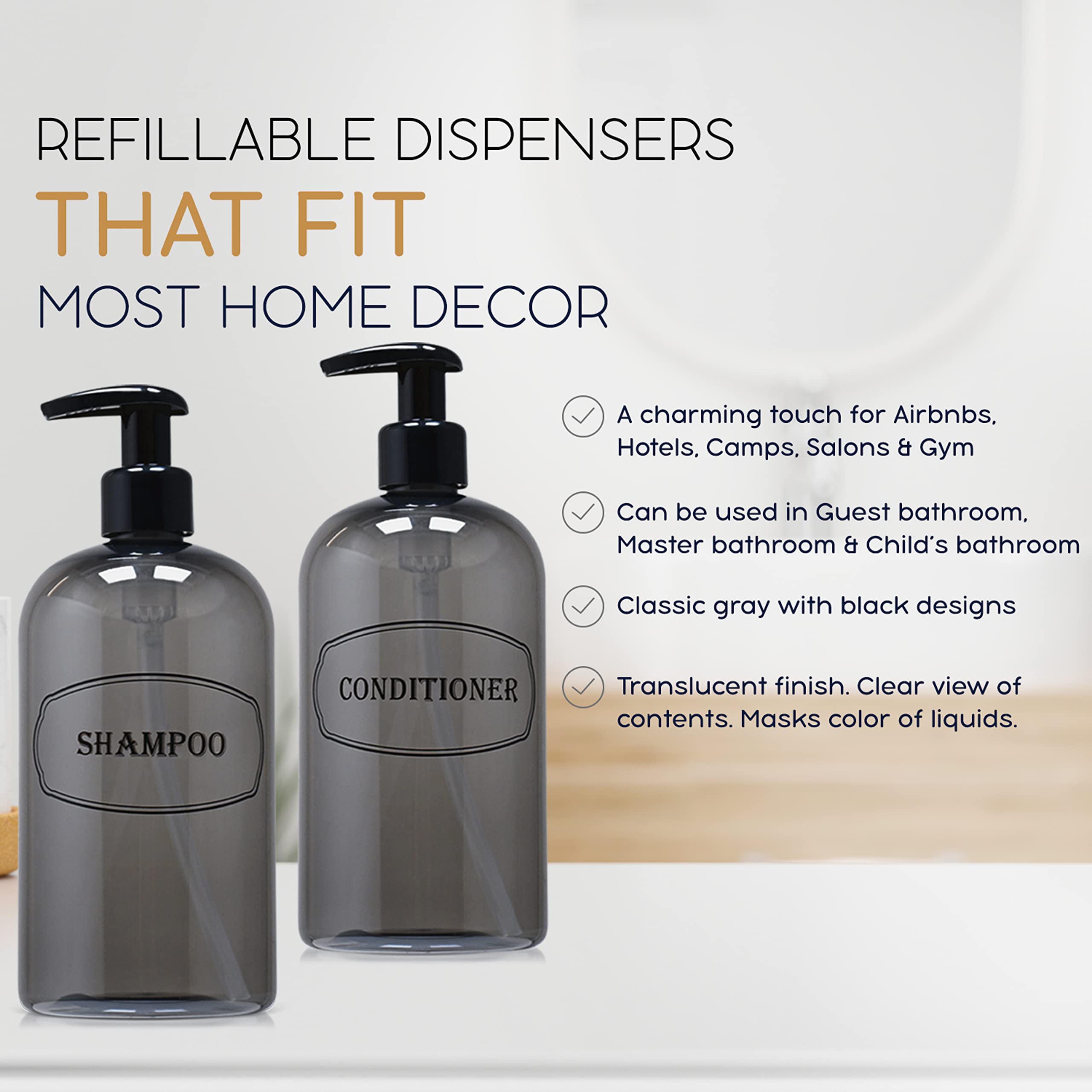 Bottiful Home-16 Oz Gray Shampoo And Conditioner Shower Soap Dispensers-2 Refillable Empty Pet Plastic Pump Bottle Shower Contai