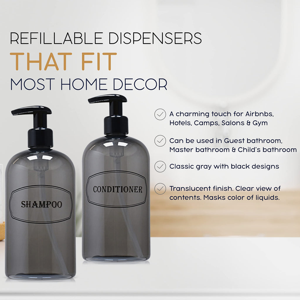 Bottiful Home-16 Oz Gray Shampoo And Conditioner Shower Soap Dispensers-2 Refillable Empty Pet Plastic Pump Bottle Shower Contai