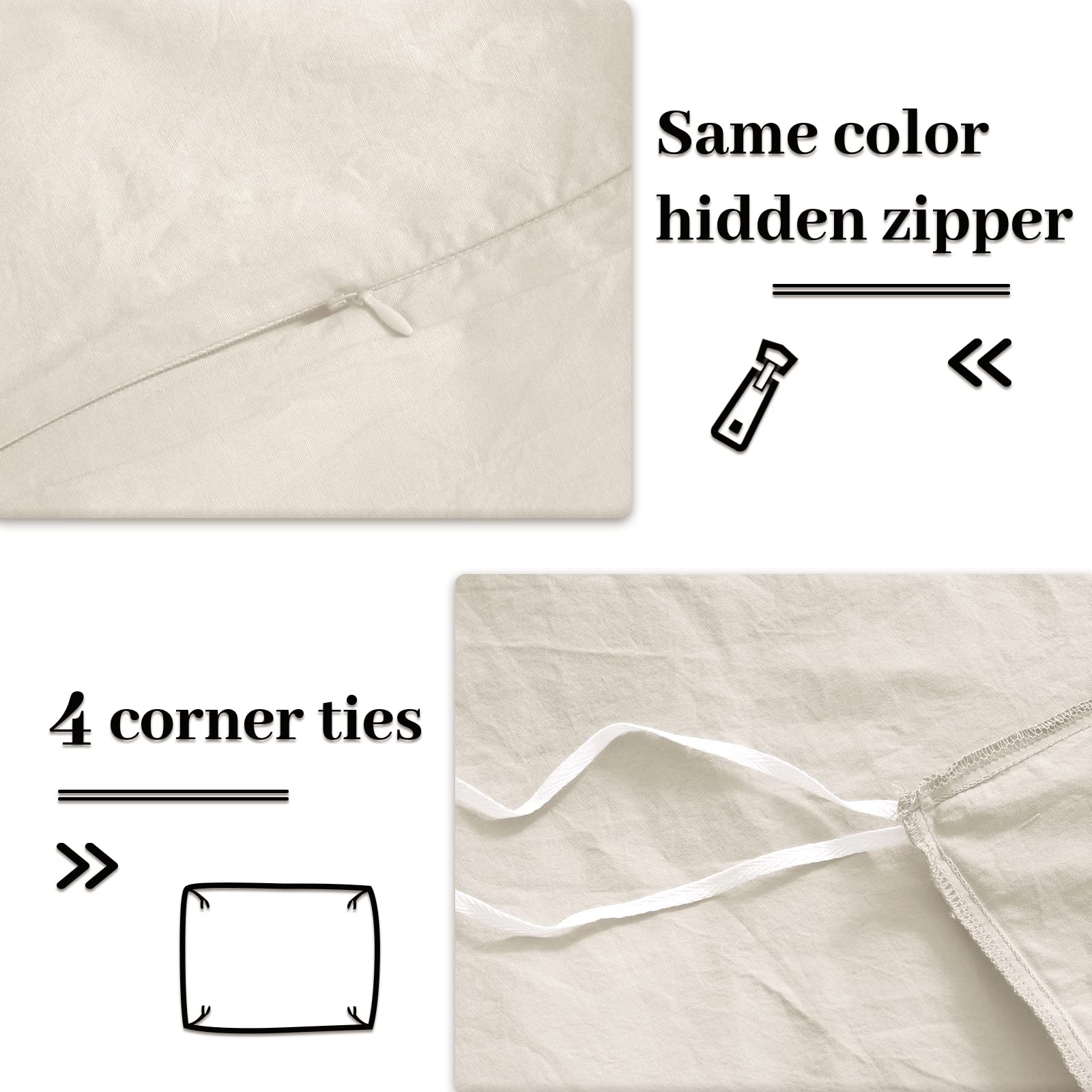 Nexhome Pro Duvet Cover Set Super King 108'X98' Linen Feel Textured Cream Grey Organic Natural 100% Washed Cotton 3 Pieces Bedding Set With Zipper Closure, Breathable, Soft (No Comforter)