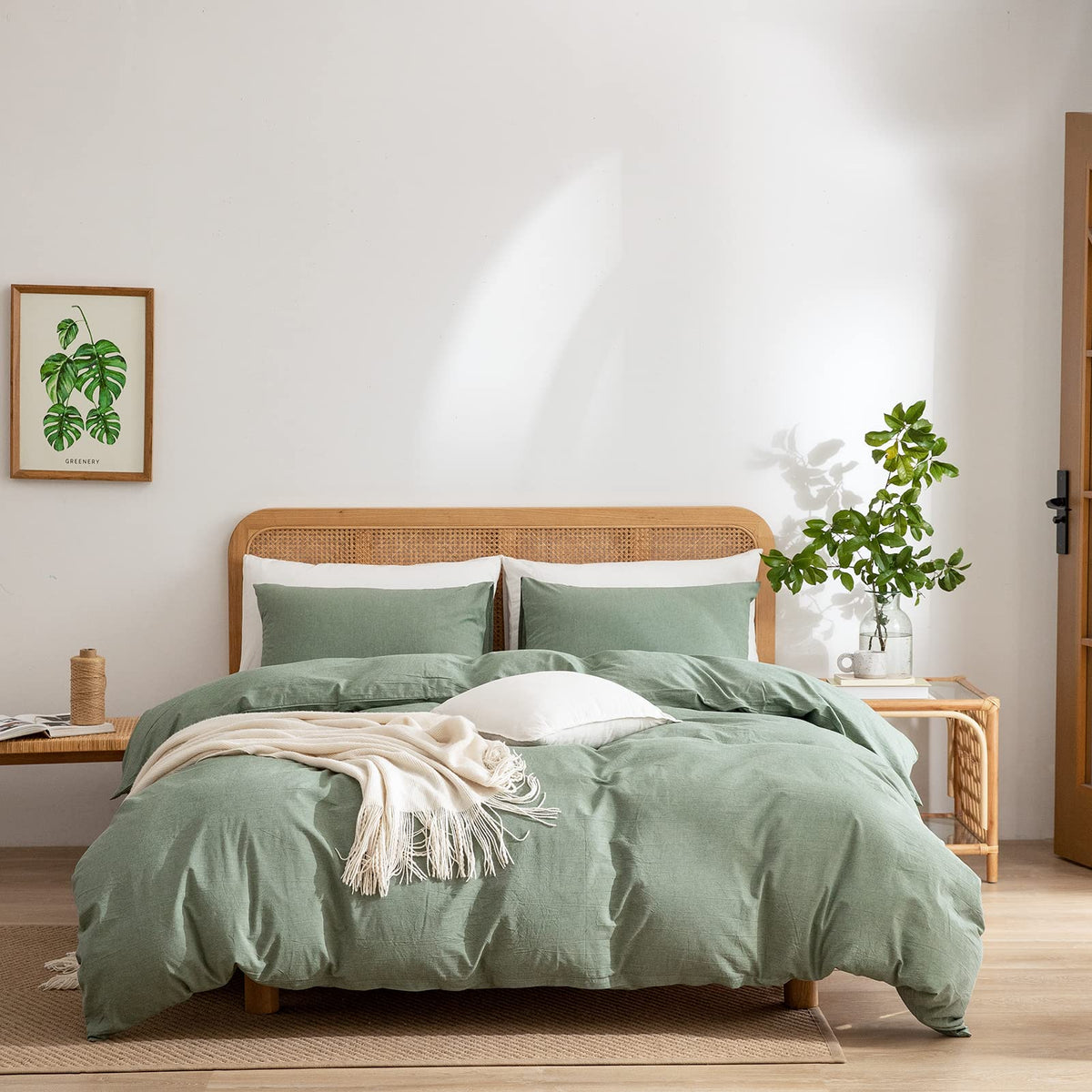 Green Duvet Cover Queen, 100% Washed Cotton Linen Like Textured 3 Pieces Bedding Set, Solid Color Simple Style Duvet Cover, Luxu