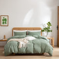 Green Duvet Cover King, 100% Washed Cotton Linen Like Textured 3 Pieces Bedding Set, Solid Color Simple Style Duvet Cover, Luxur