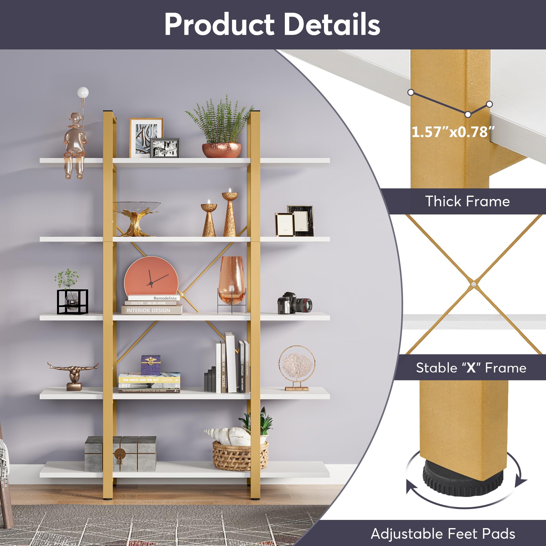 Tribesigns 5-Tier Bookshelf, Vintage Industrial Style Bookcase 70 ‘’ H X 12’’ W X 47’’L, Gold