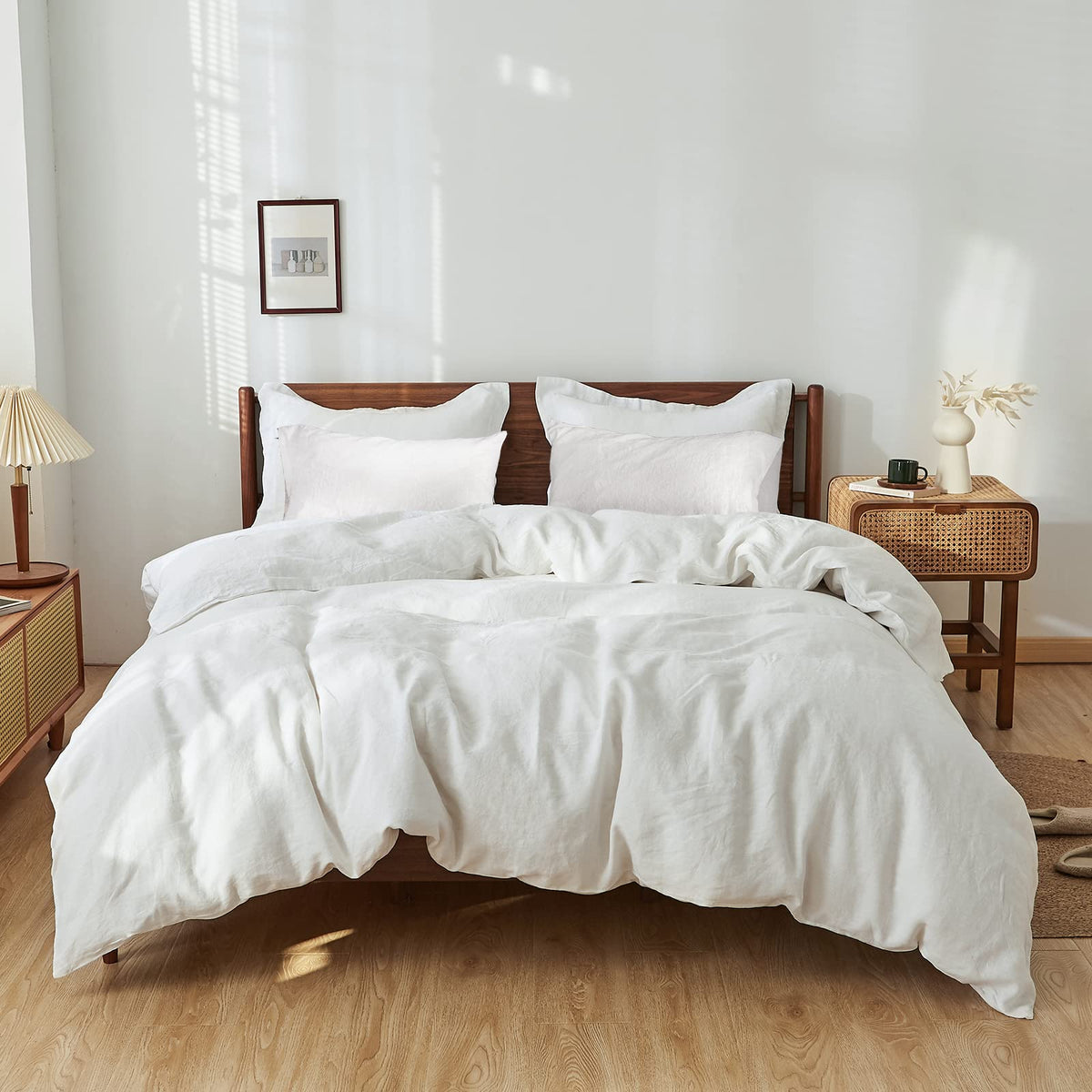 Simple&Opulence 100% Washed Linen Duvet Cover Set 5Pcs(1 Duvet Cover& 2 Shams& 2 Pillowcases) Basic Style Natural French Flax So