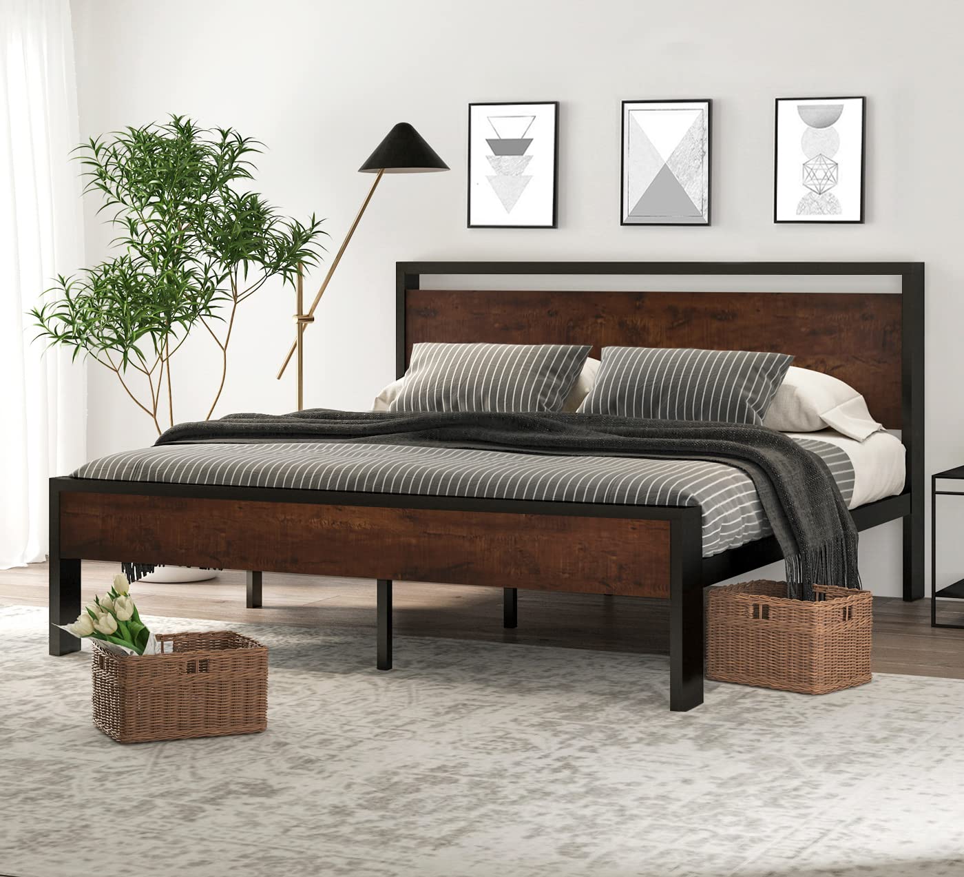 Sha Cerlin 14 Inch King Size Metal Platform Bed Frame With Wooden Headboard And Footboard, Mattress Foundation, No Box Spring Needed, Large Under Bed Storage, Mahogany