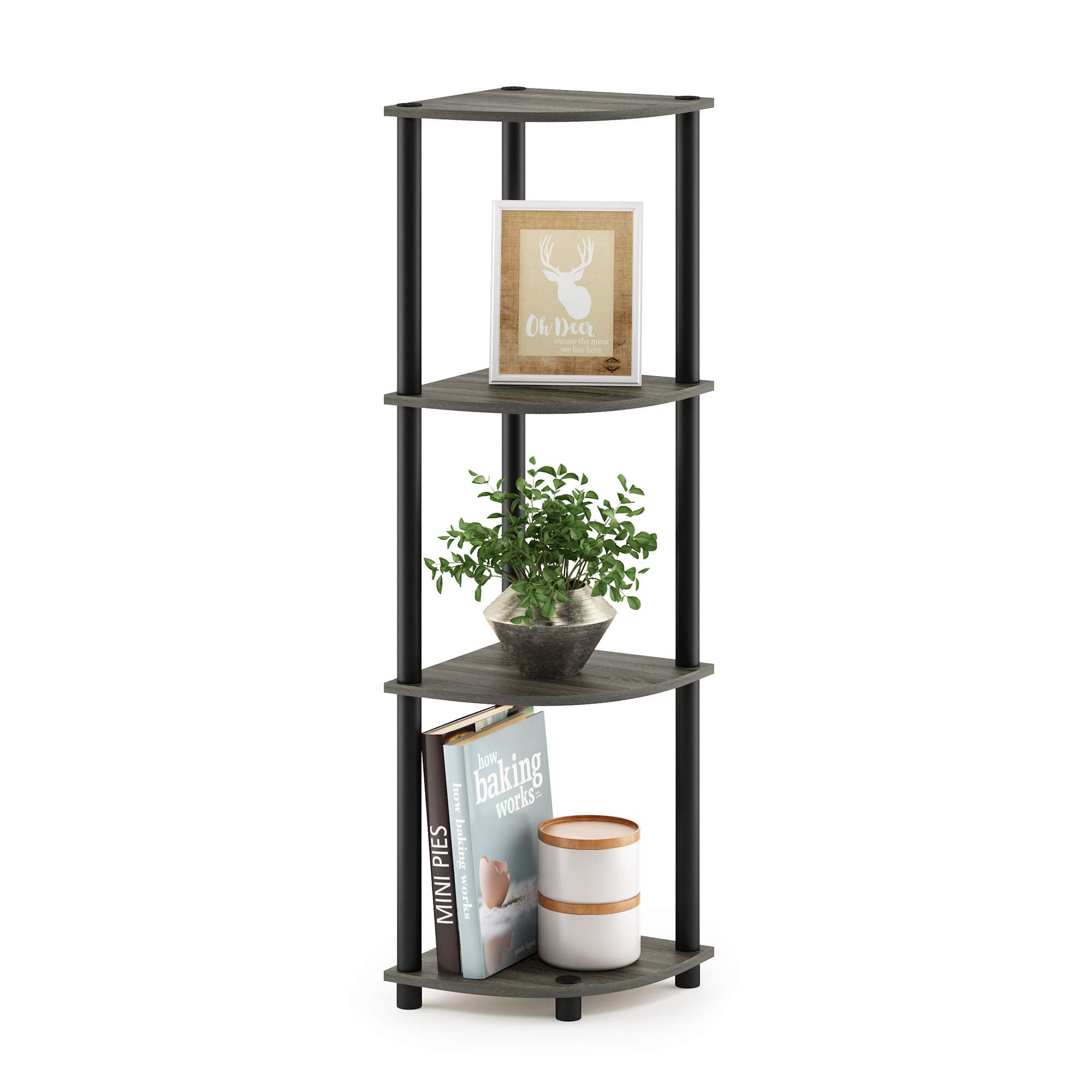 Furinno Turn-N-Tube 4-Tier Corner Display Rack Multipurpose Shelving Unit, French Oak Grey/Black