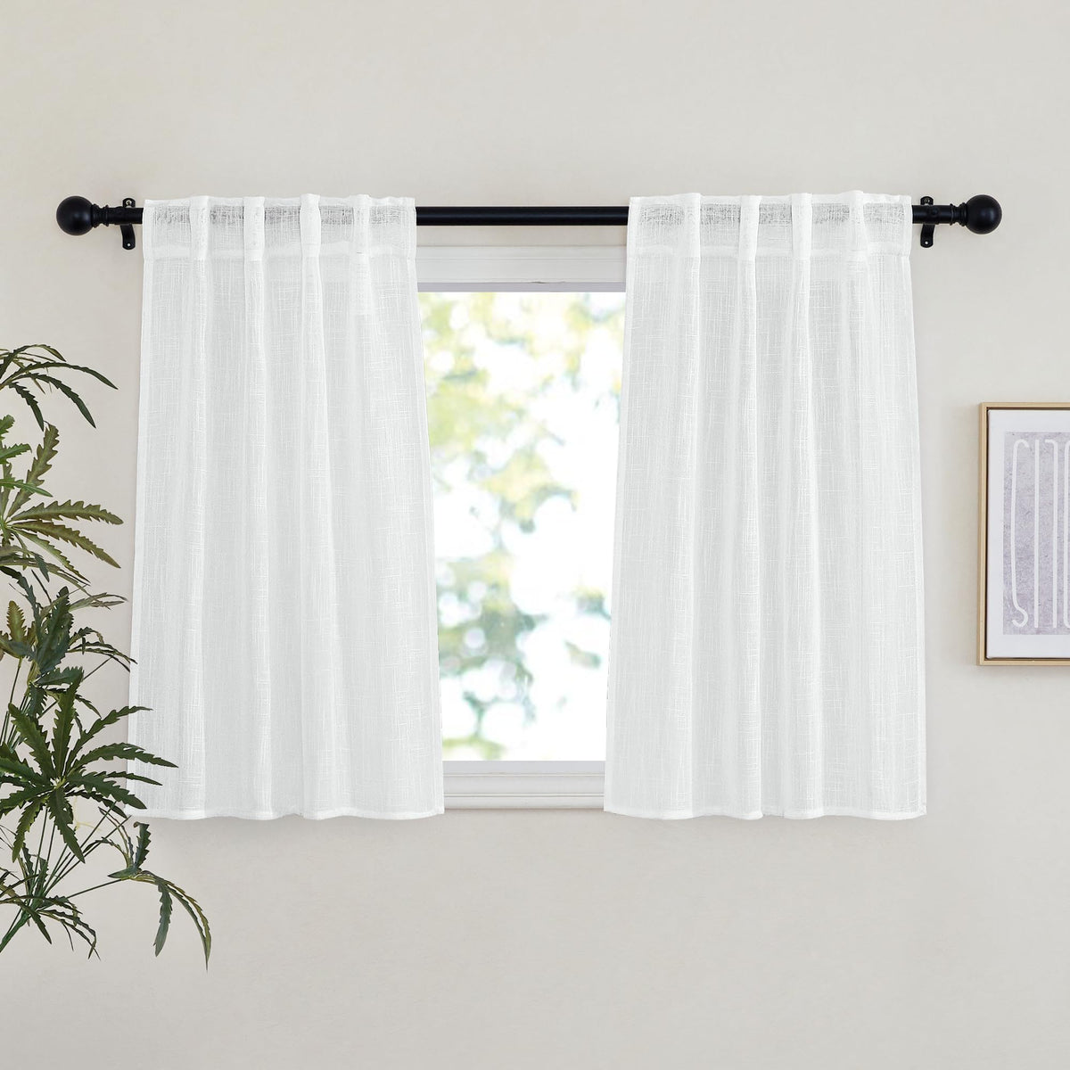 Nicetown White Semi Sheer Linen Kitchen Curtains 36 Inch Length, Rod Pocket & Back Tab Linen Weave Window Treatments Vertical Dr