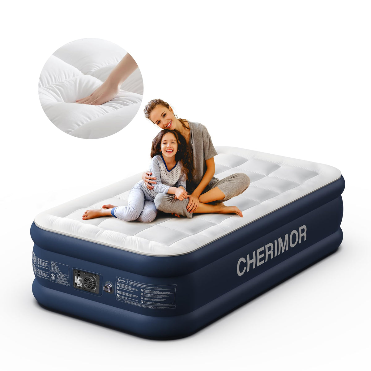 Cherimor Twin Air Mattress With Built In Pump And Quilted Mattress Topper, 20' Comfort Blow Up Mattress, Portable Inflatable Ma