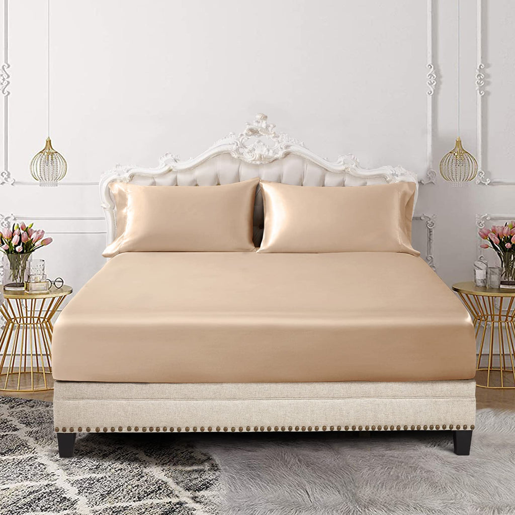 Siinvdabzx 3-Piece Set Satin Twin Fitted Sheet & 2 Pillowcase, Beige Silky Soft Fitted Bottom Sheet, Wrinkle Free, Fade Resistan
